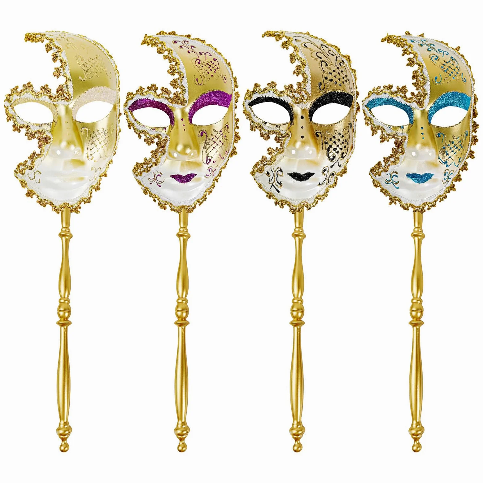 JewelryWe Maska wenecka z prętem: 4 sztuki Phantom Der Opera Handheld pełna maska vintage gotycka dla kobiet i mężczyzn, maska na oczy, kostium teatralny, na Halloween, karnawał, imprezę gotycką, bal