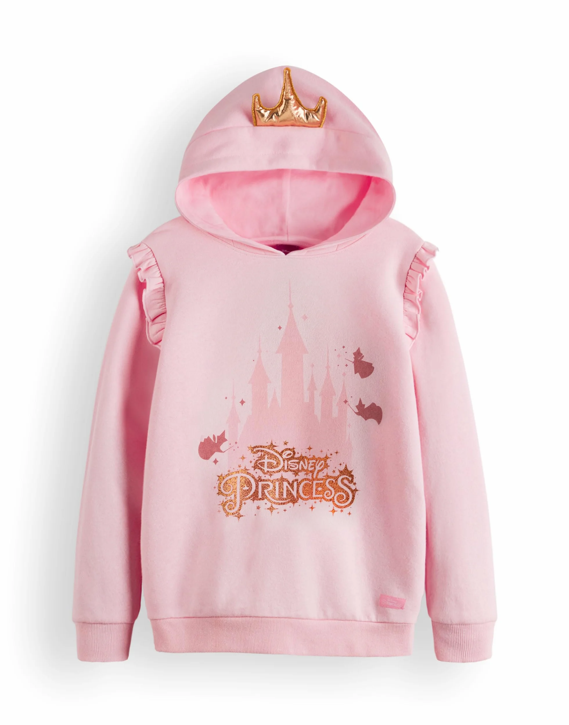 Disney Księżniczka różowa bluza z kapturem z koroną 3D, marszczony brzeg, złoty brokat