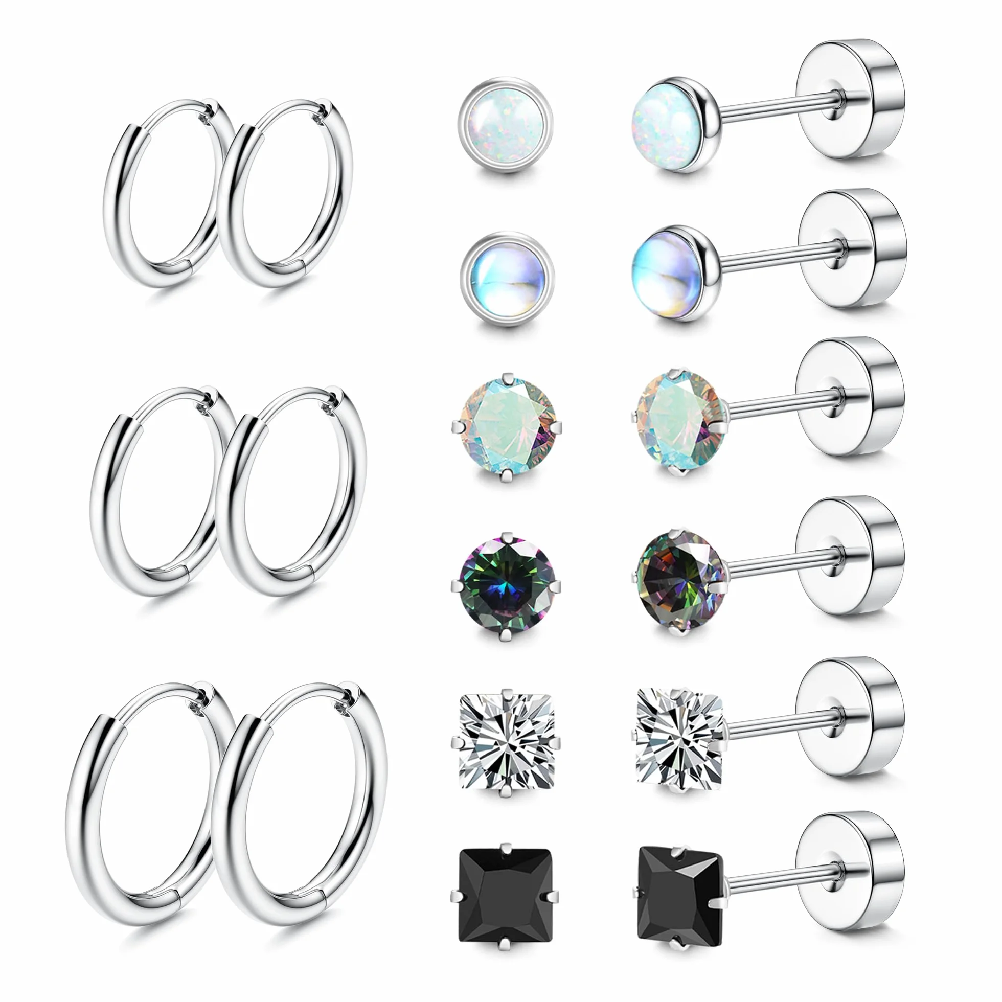 LOFITOR Titanium Earrings for Men Women Titanium Steel Stud Earrings for Sensitive Ears Surgical Steel Flat Back Earrings Silver