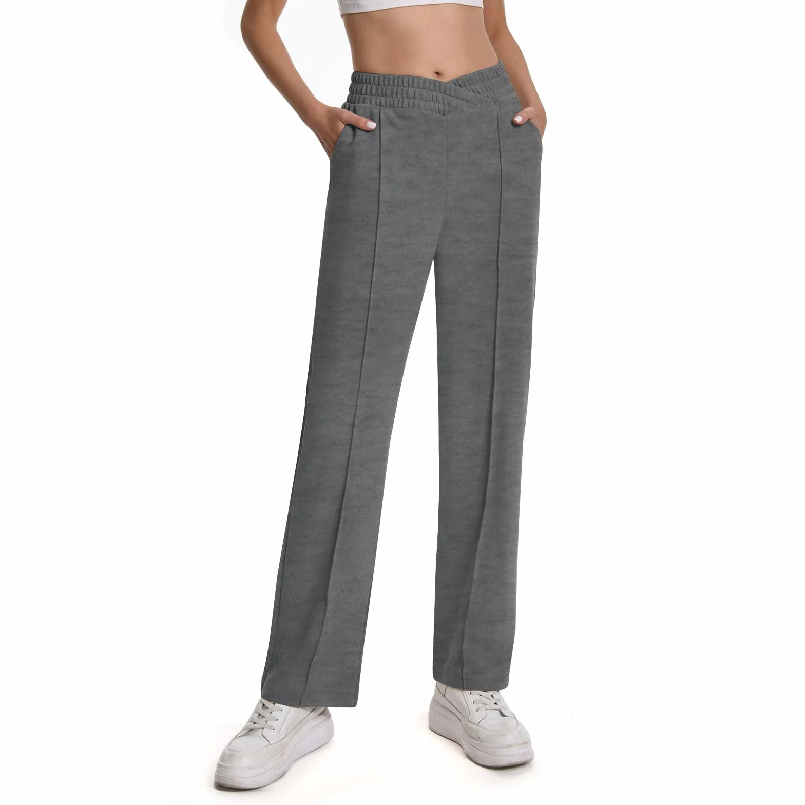 Damskie spodnie dresowe z kieszeniami, jednokolorowy dres treningowy V-crossover Baggy, elastyczna talia, spodnie do biegania w czasie wolnym, hip-hopowym, na siłownię i jogging