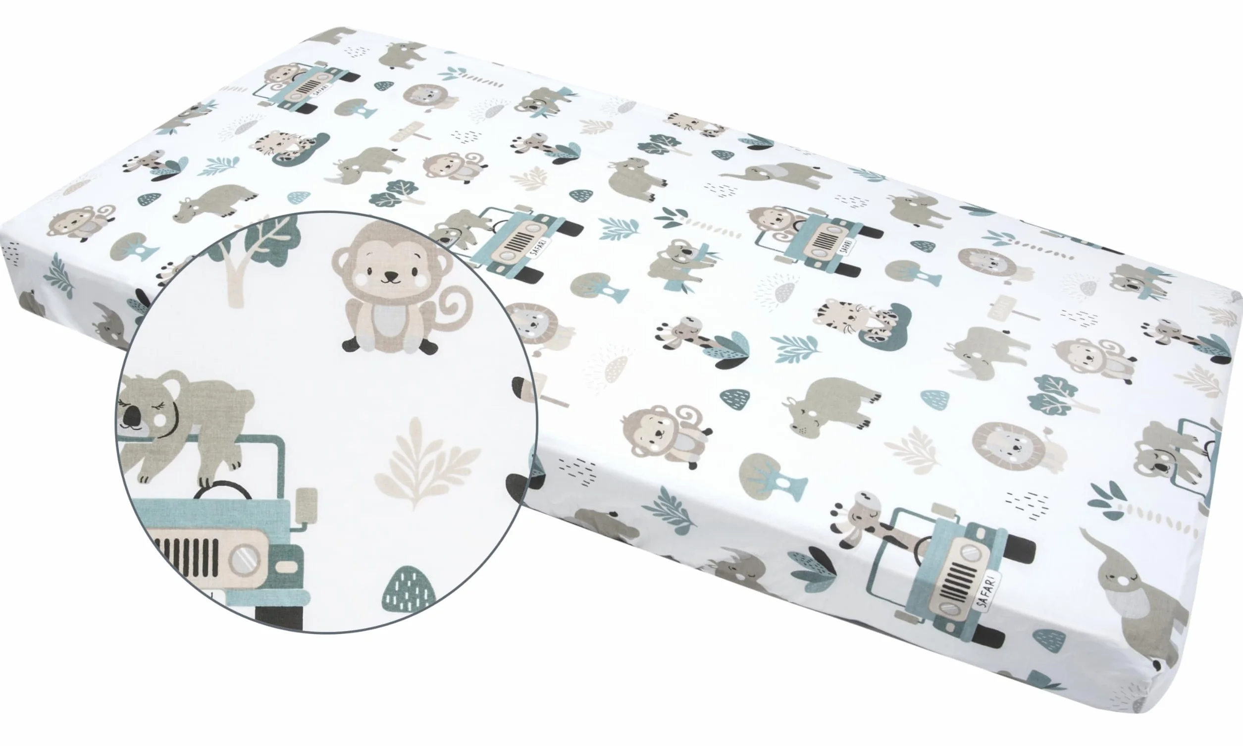 Medi Partners Prześcieradło z gumką do łóżeczka 120x60cm 100% Bawełna dla Niemowląt (Miętowe Zoo)