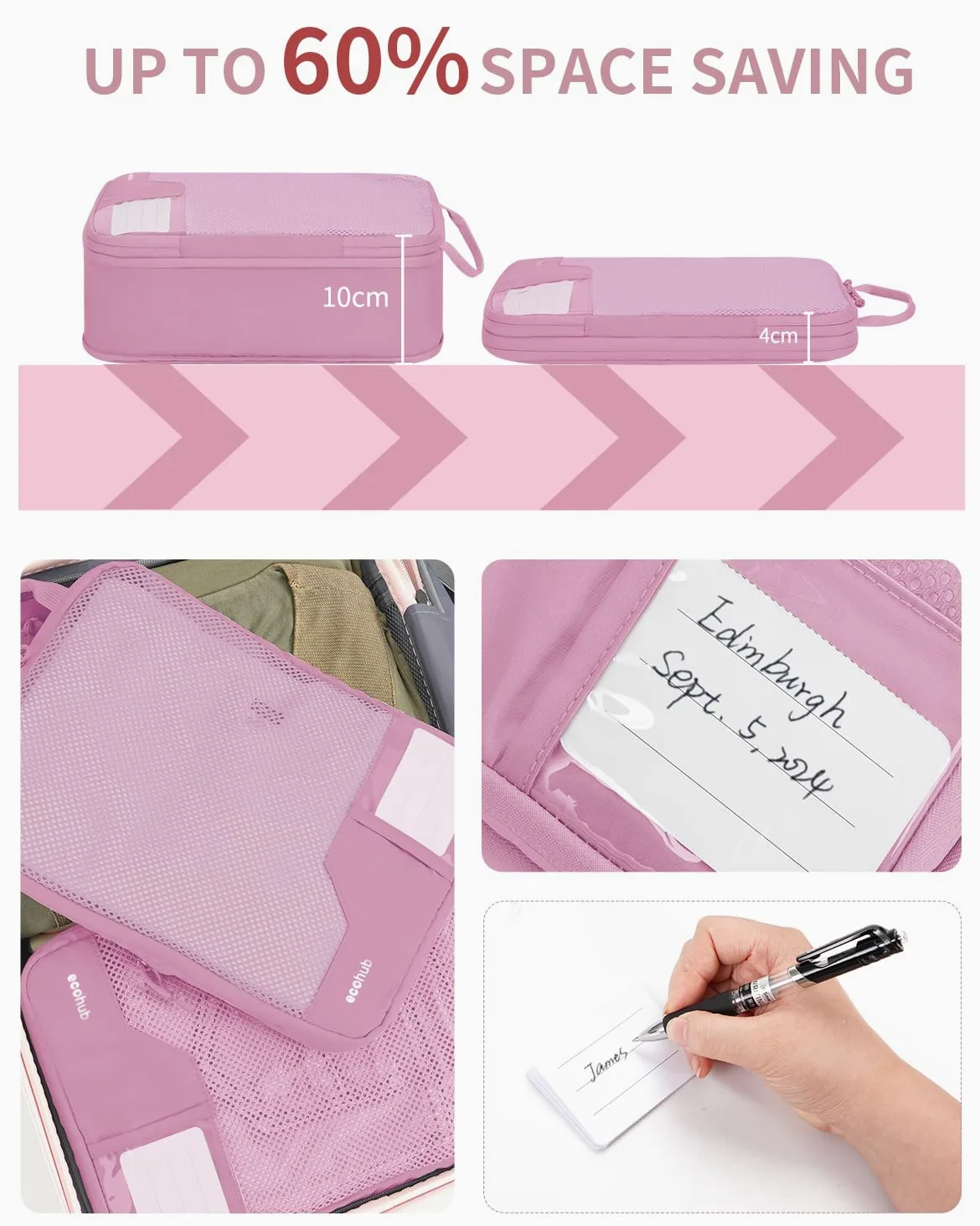 ECOHUB Kompresyjne Kostki do Pakowania 4 szt., Organizer do Walizki z ID Tag, Ekologiczne Packing Cubes, Wytrzymałe Torby Podróżne z Siatką, System Oszczędzający Miejsce(Różowy)