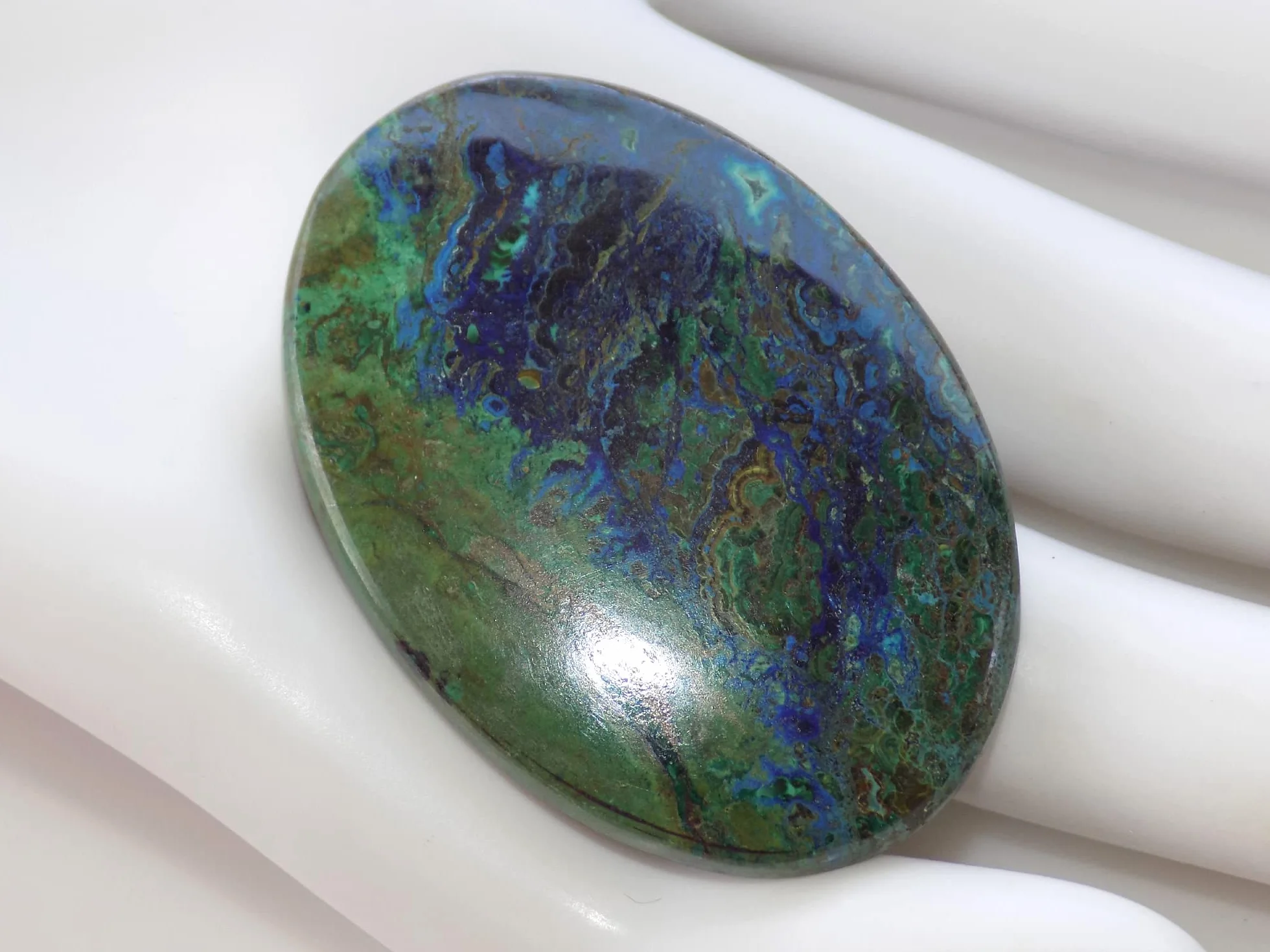 Zielony niebieski azuryt kamień szlachetny, naturalny rzadki kaboszon azurytowy, 55 karatów. owalny kształt 41 x 29 x 5 mm OCN-591, 41x29x5mm, kamień szlachetny, azurit