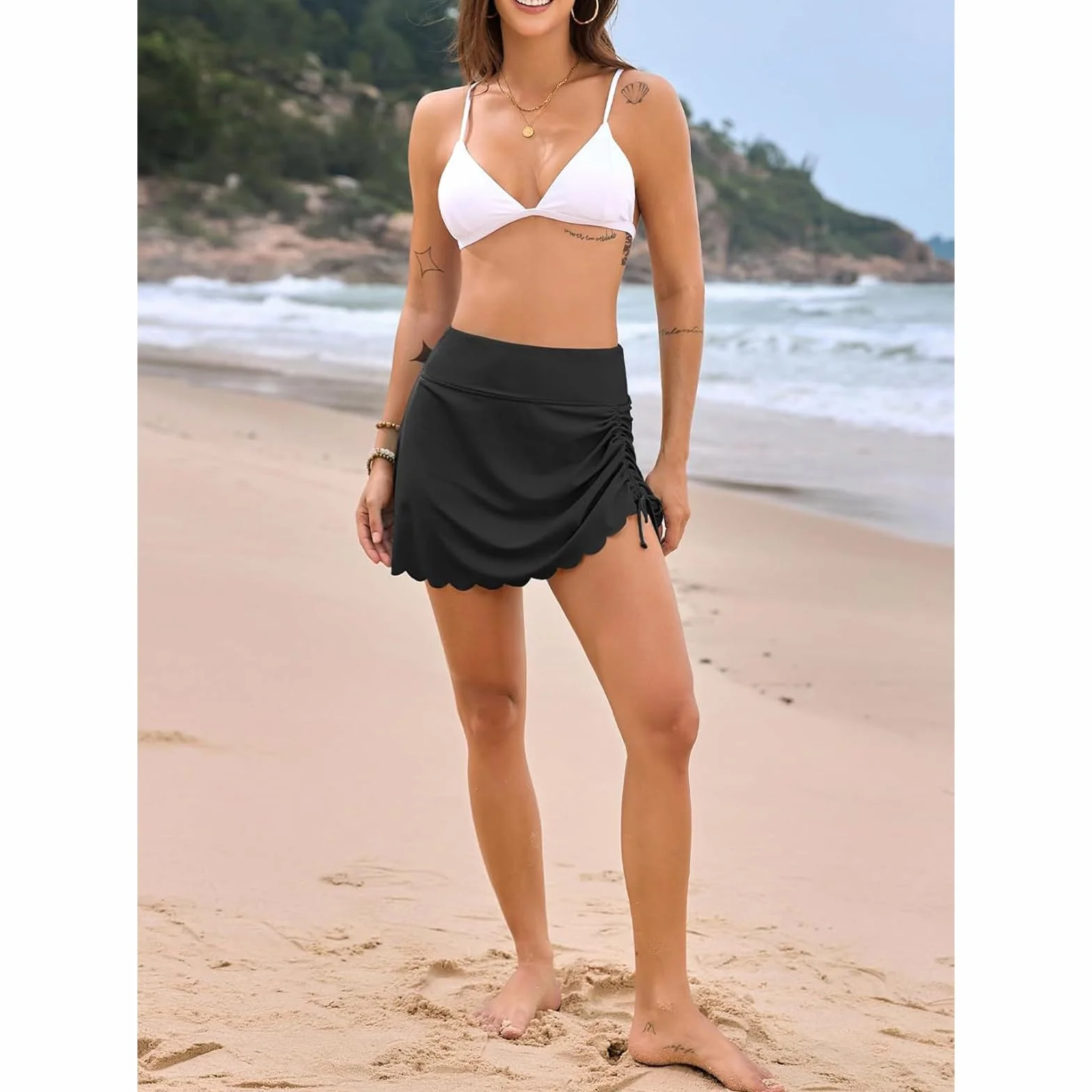 Damska spódnica kąpielowa Ruched Obcisłe Regulowane bikini Dół Stroje kąpielowe Spódnica z wbudowaną wysoką talią elegancka wąska krótka spódnica basen Bikini plażowe ubrania