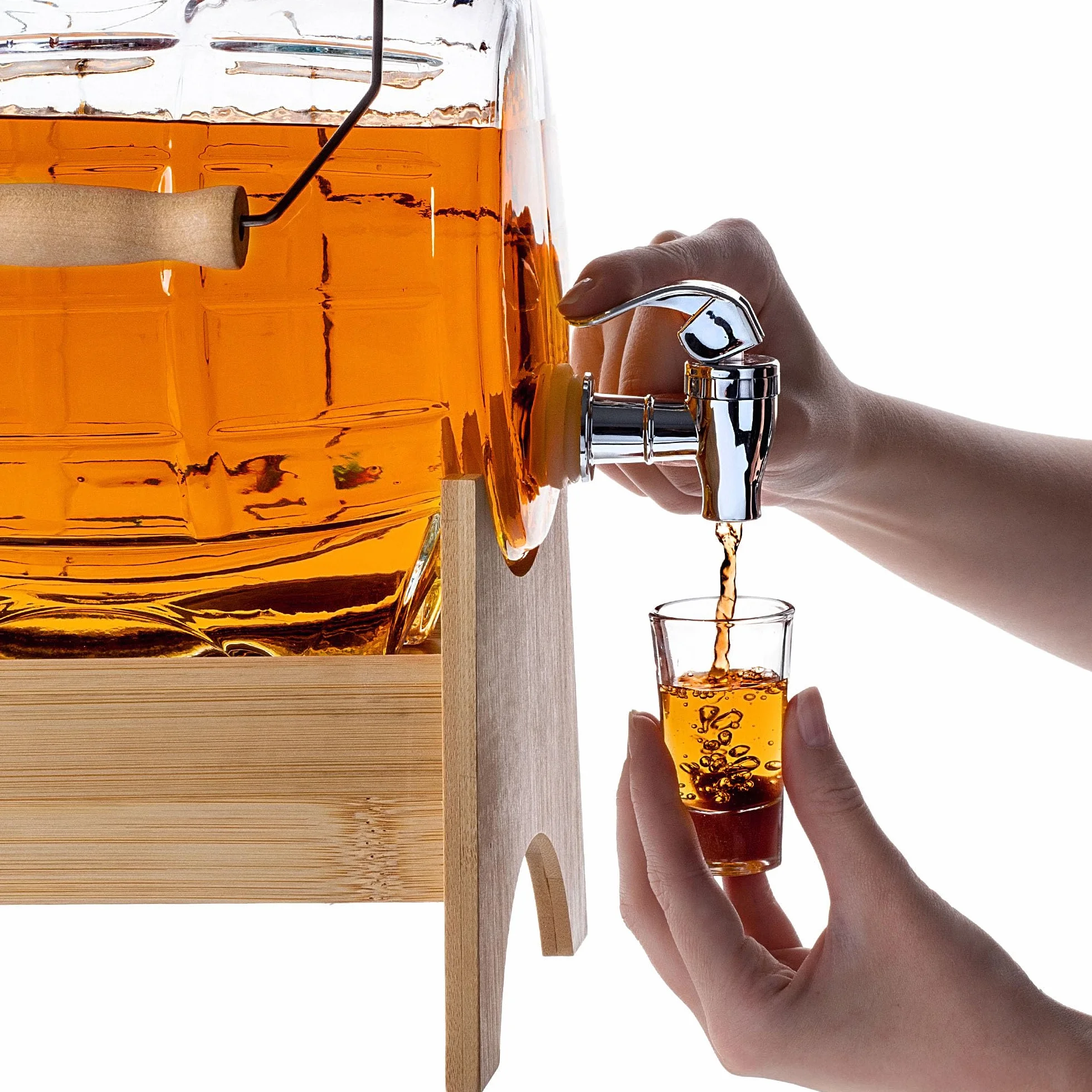 KADAX Beczka 5 l z kranikiem, dozownik do napojów ze szkła, beczka z kranikiem, przezroczysty dozownik z drewnianą podstawką, dozownik alkoholu, idealny do whisky, brandy, soków (model 1)