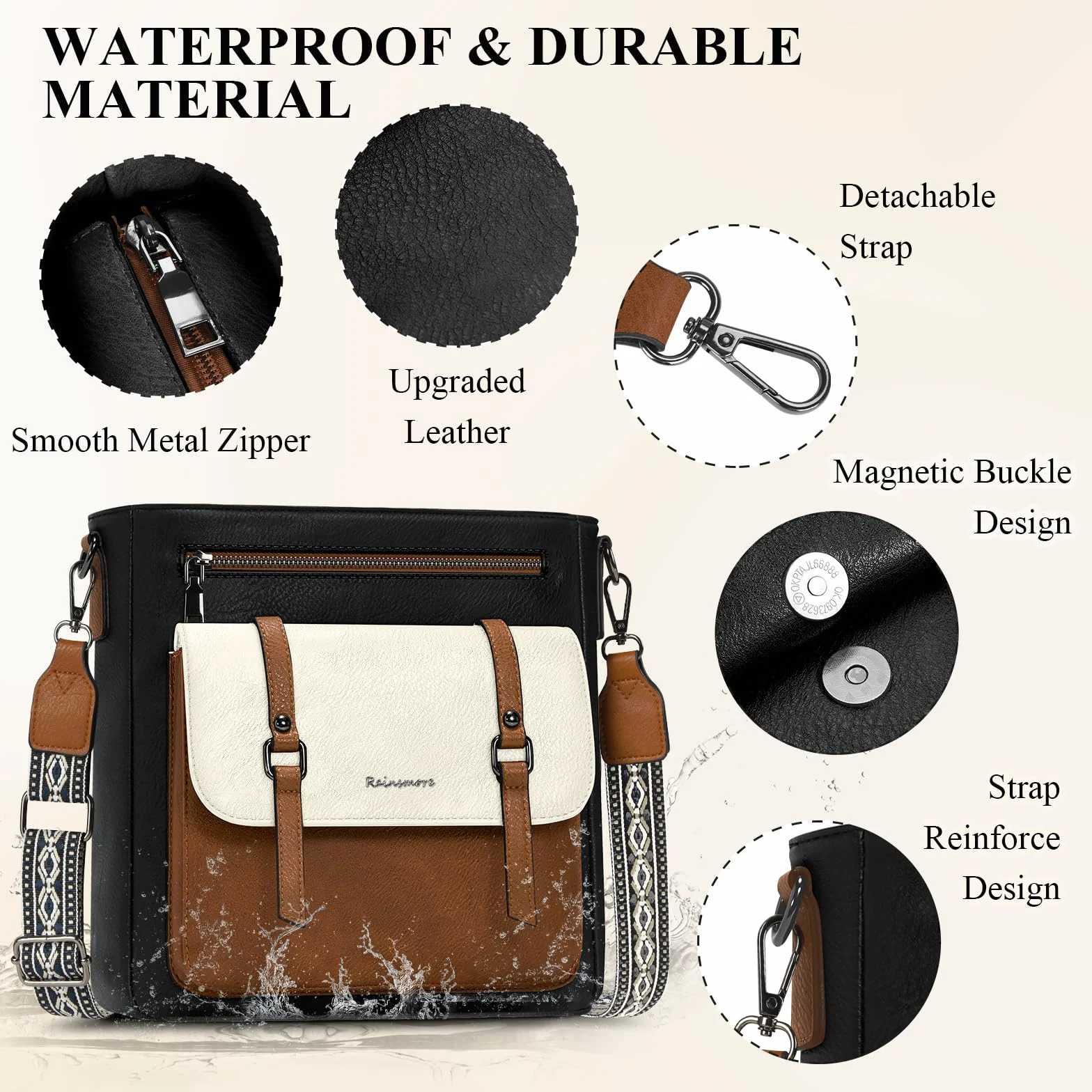 RAINSMORE Skórzana Torba na Ramię Crossbody Średnia