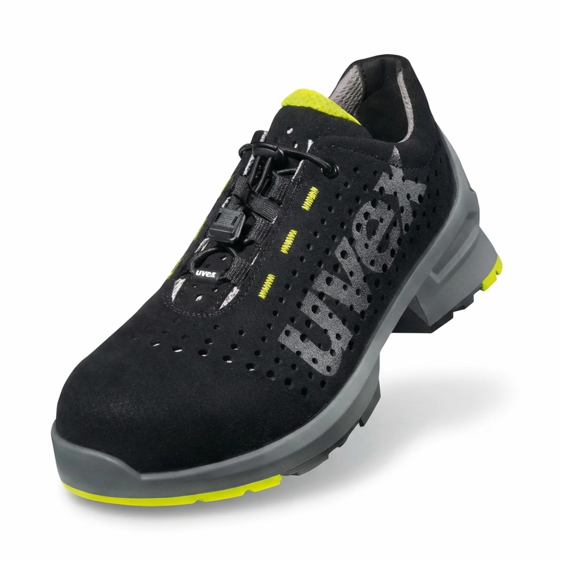 uvex 1 perforowane półbuty, buty ochronne S1 SRC, buty robocze dla kobiet i mężczyzn, czarne/limonkowe