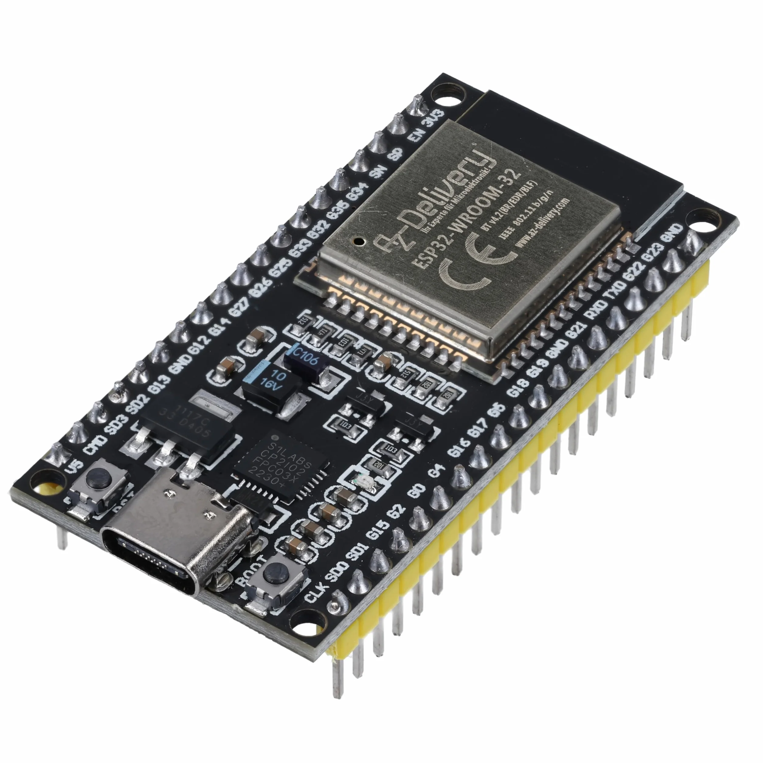 AZDelivery 1 x ESP32 NodeMCU Zestaw C Dev WLAN Moduł z CP2102 i portem USB-C | ESP32 WROOM 32 | Kompatybilny z Arduino i e-book w zestawie