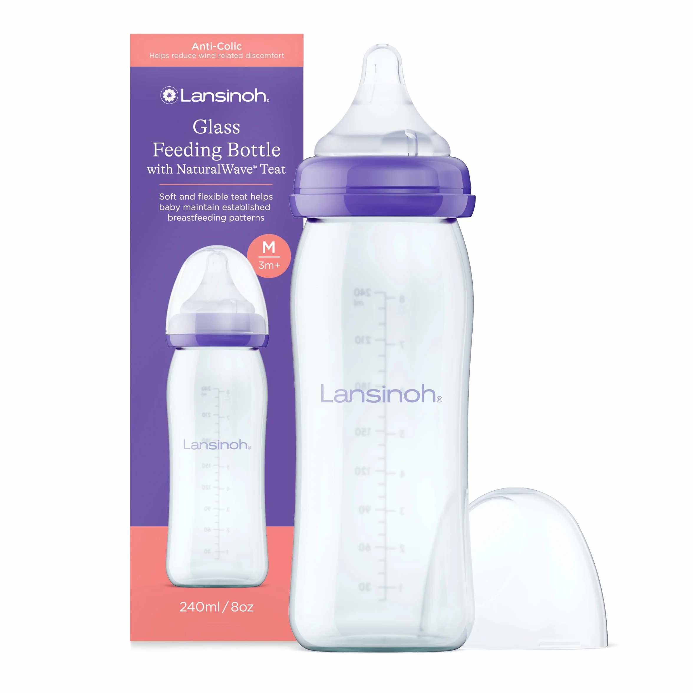 Lansinoh Glas Weithalsflasche 240 ml mit Natural Wave Silikonsauger M, 1 Sztuka Zuignap