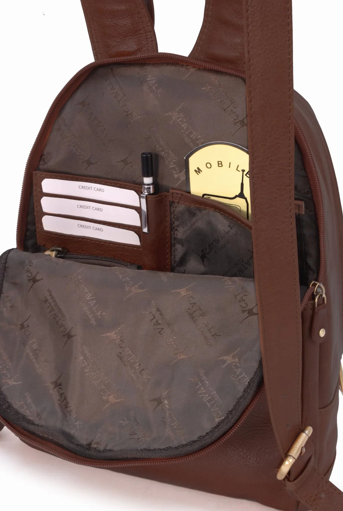 Catwalk Collection Handbags - Damski Skórzany Plecak Antykradzieżowy - Duży Plecak na Zamek dla Kobiet - z Wieloma Kieszeniami - Fern - Brązowy