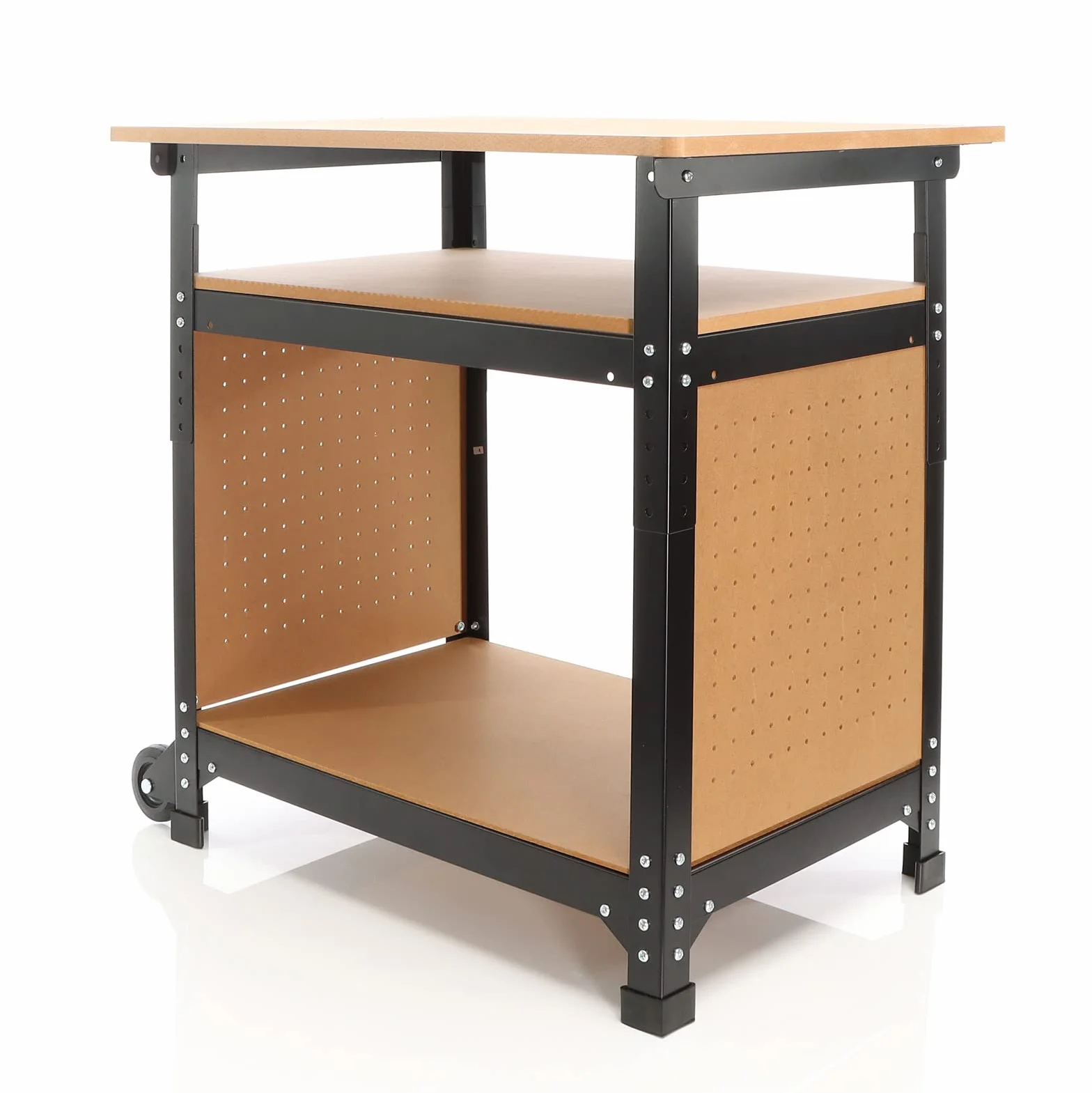 XPOtool Stół warsztatowy, 68 x 50 x 66-82 cm, ruchomy, regulowany na wysokość, z 2 kółkami i 2 półkami, warsztat