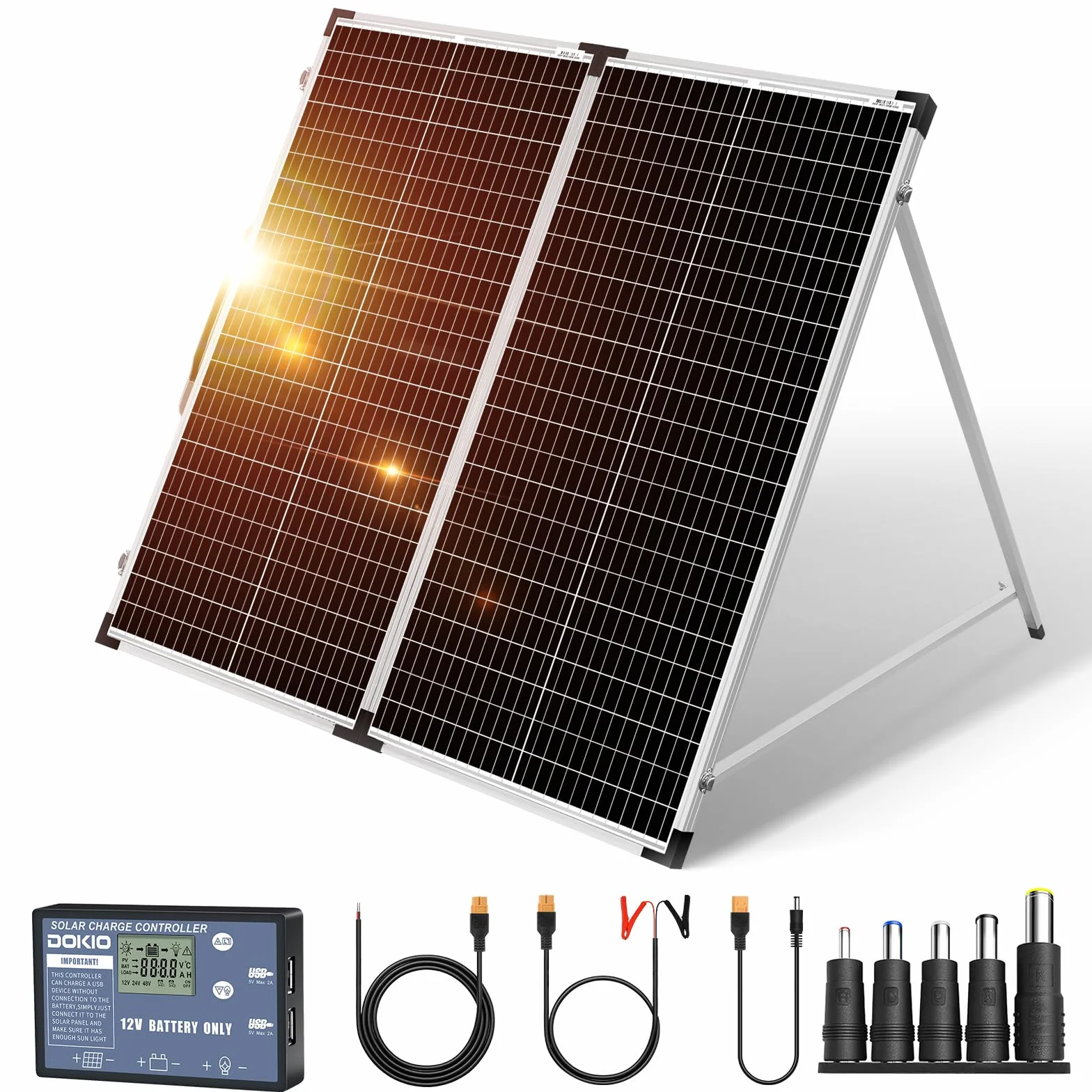 DOKIO 160W 18V Przenośny Składany Panel Słoneczny do akumulatorów 12V z regulatorem ładowania słonecznego (2 porty USB) + torba do przenoszenia