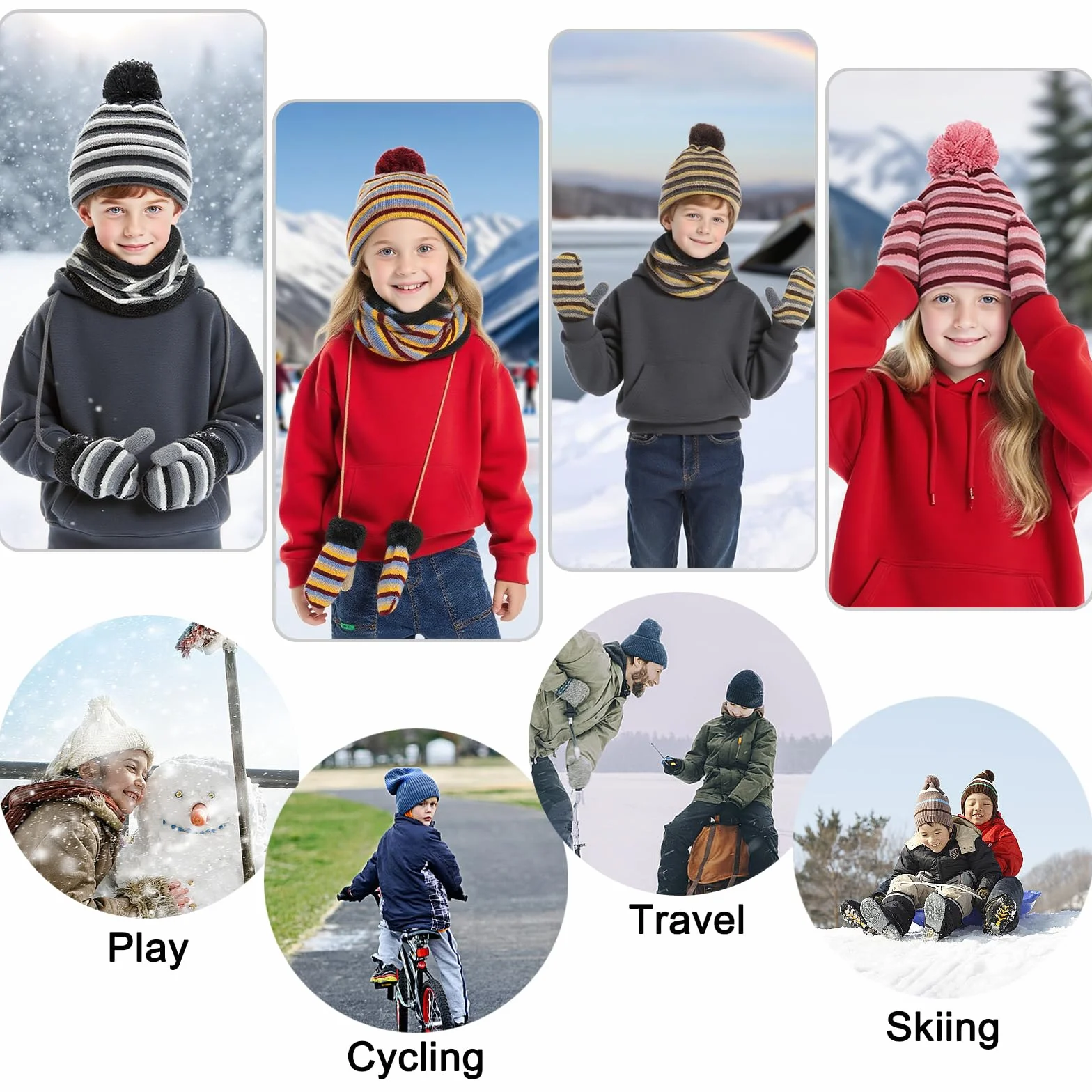 Enwokran Dziecięcy zimowy pompon czapka beanie szalik rękawiczki zestaw ciepła dzianinowa czapka rękawiczki i polar ocieplacz na szyję szalik 3 szt. dla chłopców i dziewcząt w wieku 2-6 lat