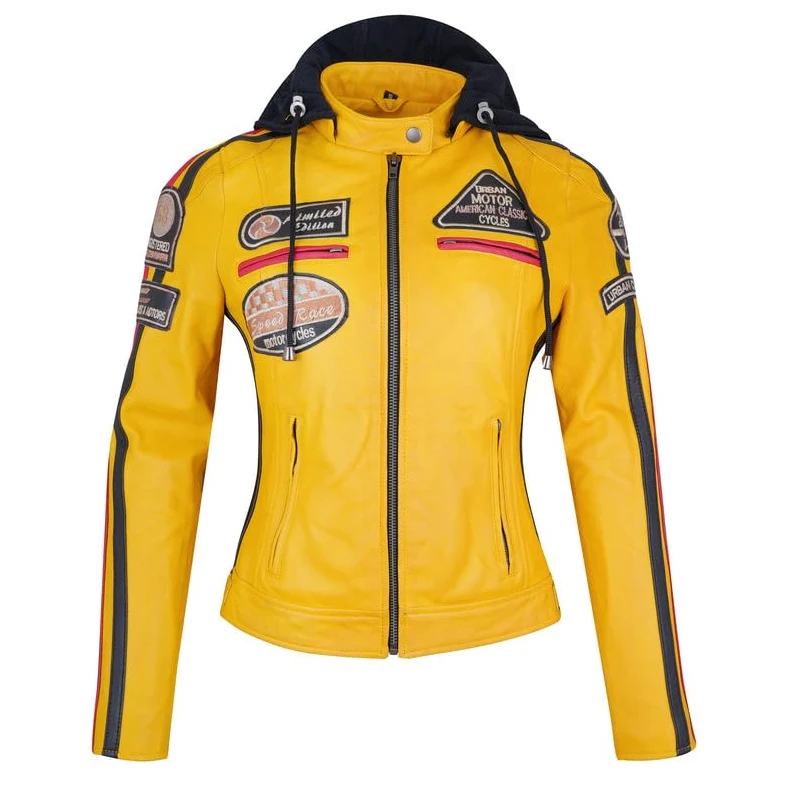 URBAN 5884 58-damska skórzana kurtka motocyklowa, całkowicie zdejmowane ochraniacze, Żółty, 3XL