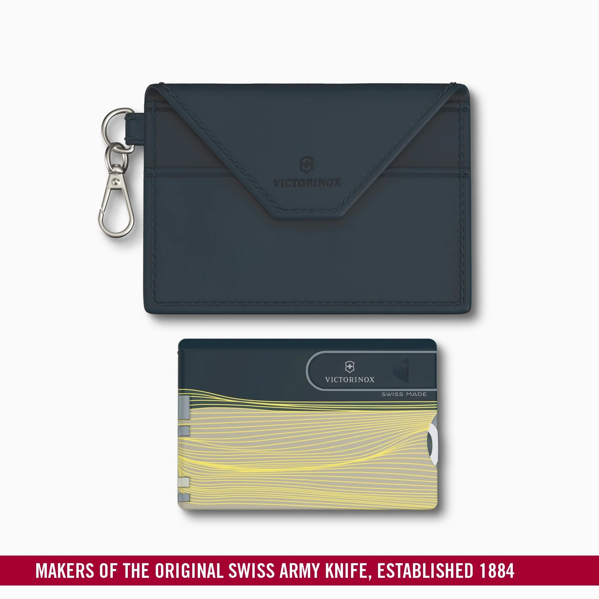 VICTORINOX Swiss Card Classic, 10 funkcji, Swiss Made, multitool dla kobiet, w zestawie etui na karty z klucznikiem, New York Style (Niebieski, Żółty)