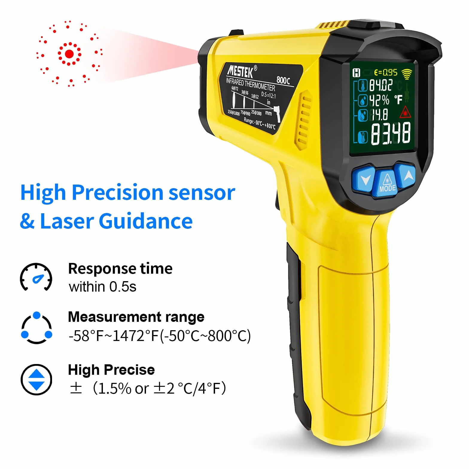 Termometr na Podczerwień Pistolet Cyfrowy Laserowy Temperaturowy z K-Sondą MESTEK Bezdotykowy Kolorowy Ekran LCD 50℃~800℃ Regulowana Emisyjność Wilgotność Gotowanie Piekarnik Grillowania Pizza Lodówka