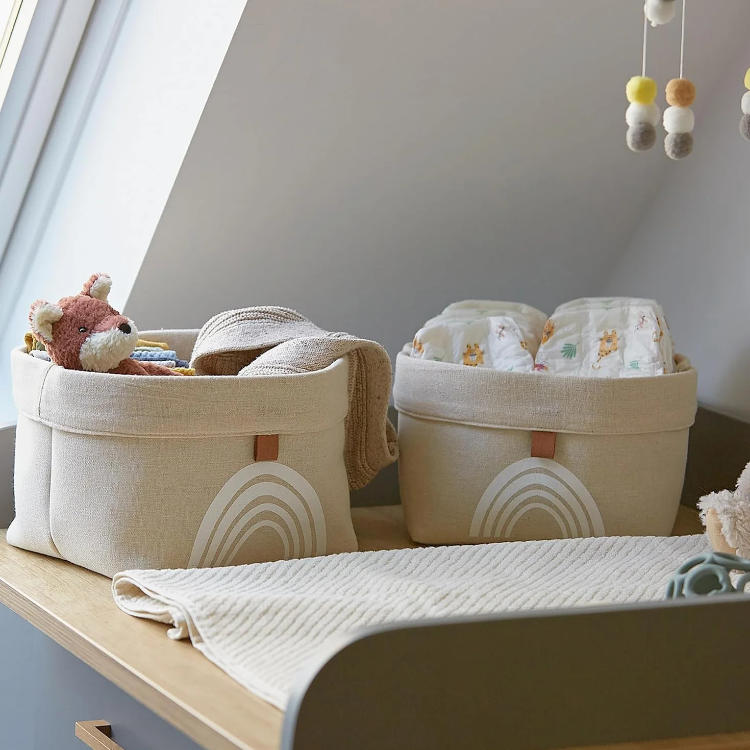 LOVE IT STORE IT - Premium - Małe kosze do przechowywania - Składane - Do Pokoju Dziecięcego I Łazienki - Z Wzorem - Zestaw Sa 2 - Beżowy - 2 kosze w różnych rozmiarach