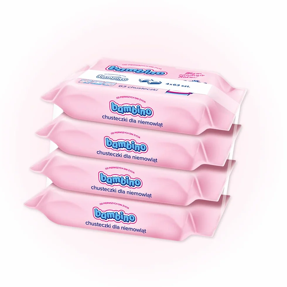 Bambino 5900017060101 Chusteczki Nawilżane dla Niemowląt, Różowy, 4 x 63 Sztuki