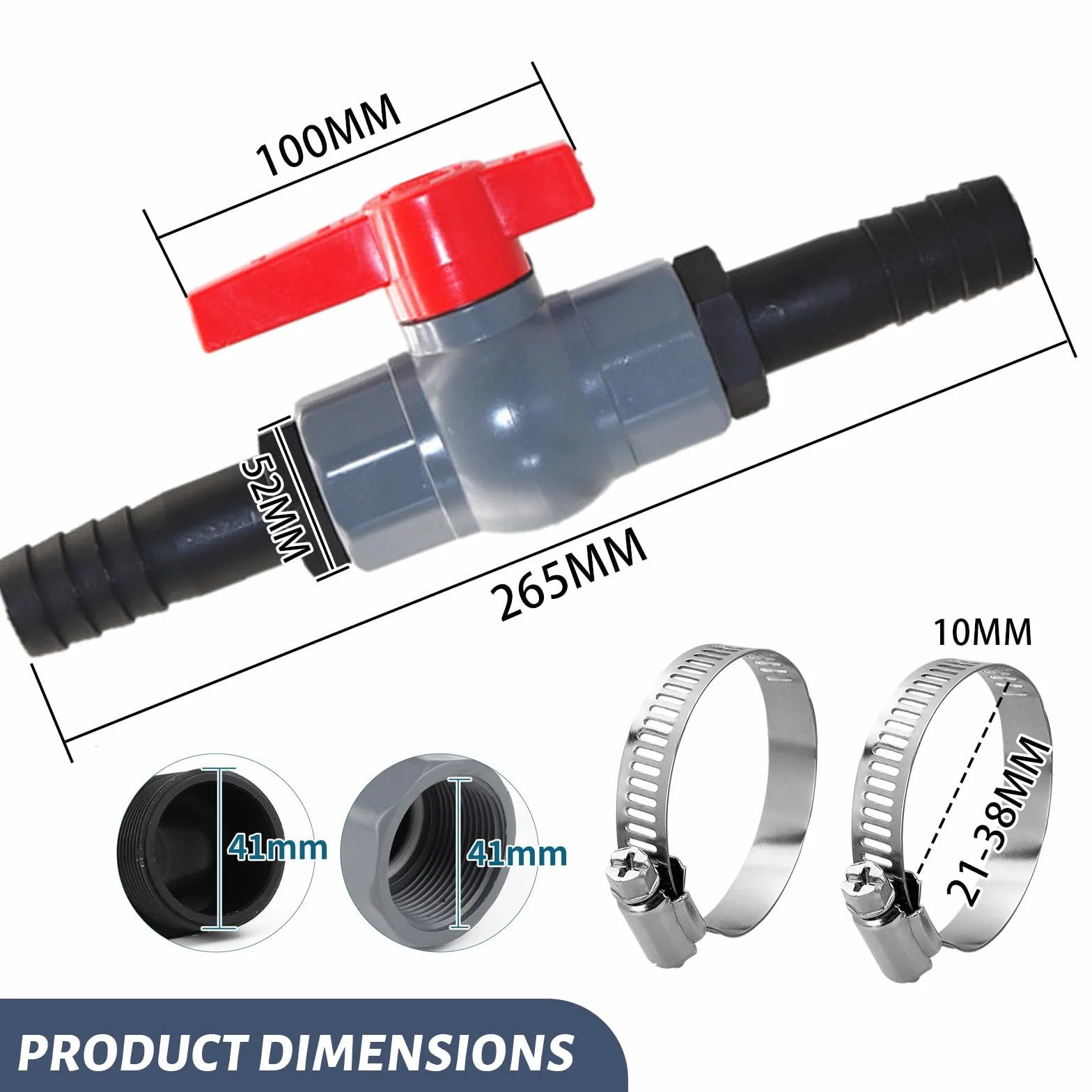 Zawór kulowy z przyłączem węża zawór kulowy PVC zawór kulowy 1 zawór odcinający gwint wewnętrzny 1 1/4" (40 mm), 2 tuleje węża 32 mm