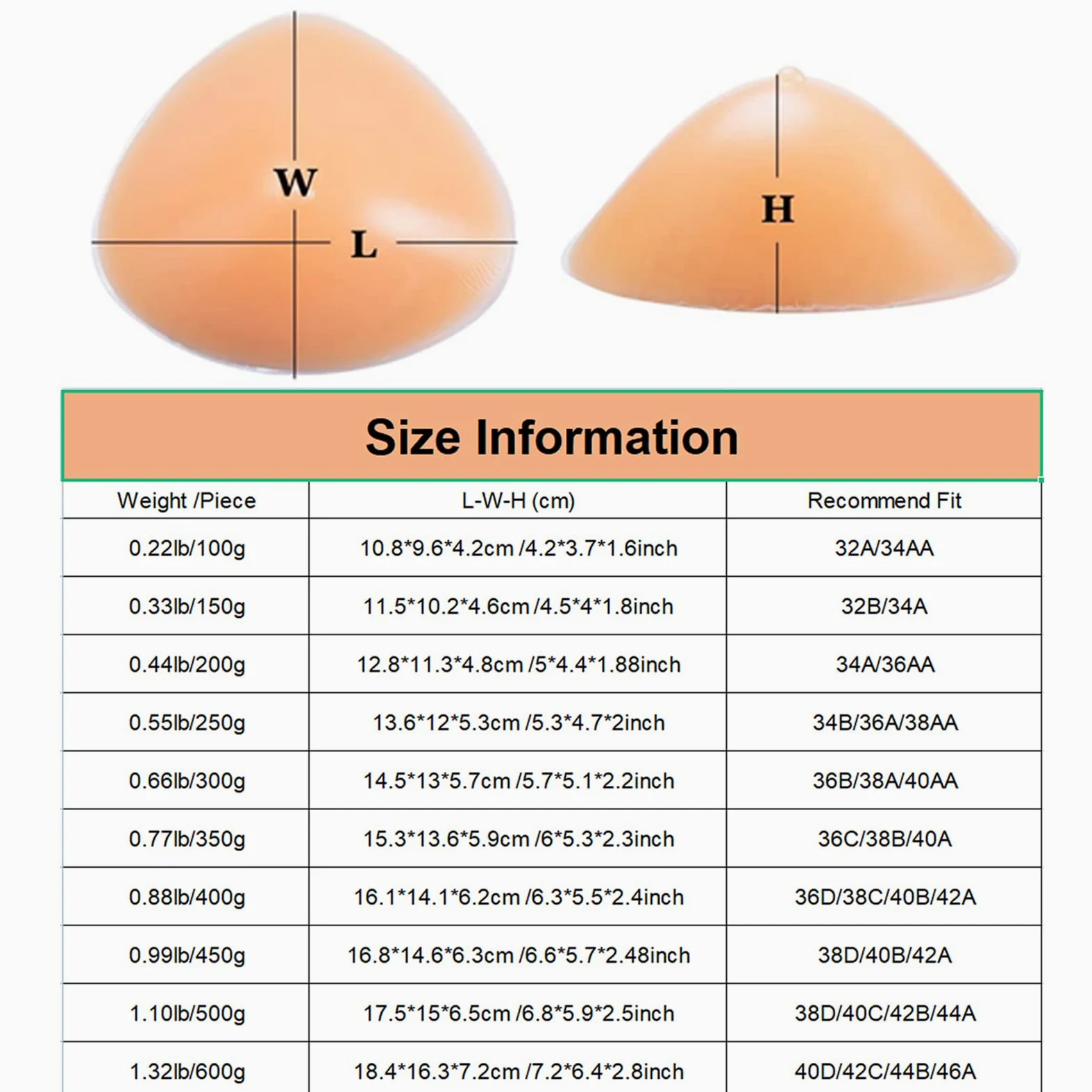 Proteza Piersi Silikonowe Samoprzylepne Wkładki Do Biustonosza Trójkątne Sztuczne Sztuczne Cycki Dla Mastektomii Crossdresser Cosplay 1 Para(1600g/pair, Nude)