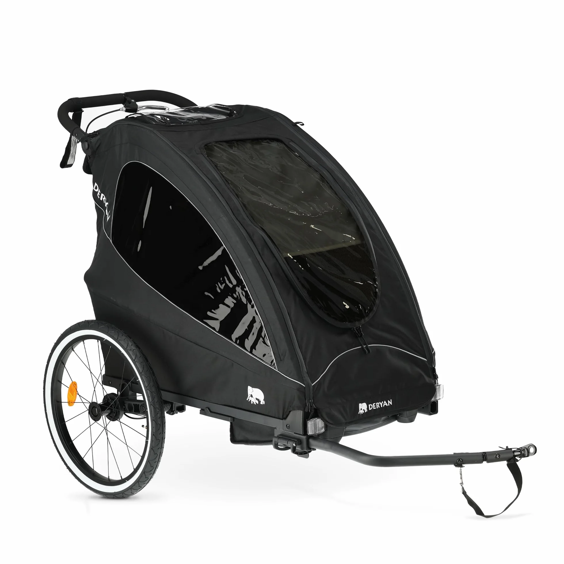 Deryan Przyczepa rowerowa dla dzieci 3 w 1 i jogger dla 1 dziecka, wielofunkcyjny, składany, zawieszenie, regulowany drążek przesuwny, pasy bezpieczeństwa, odblaski, kolor czarny