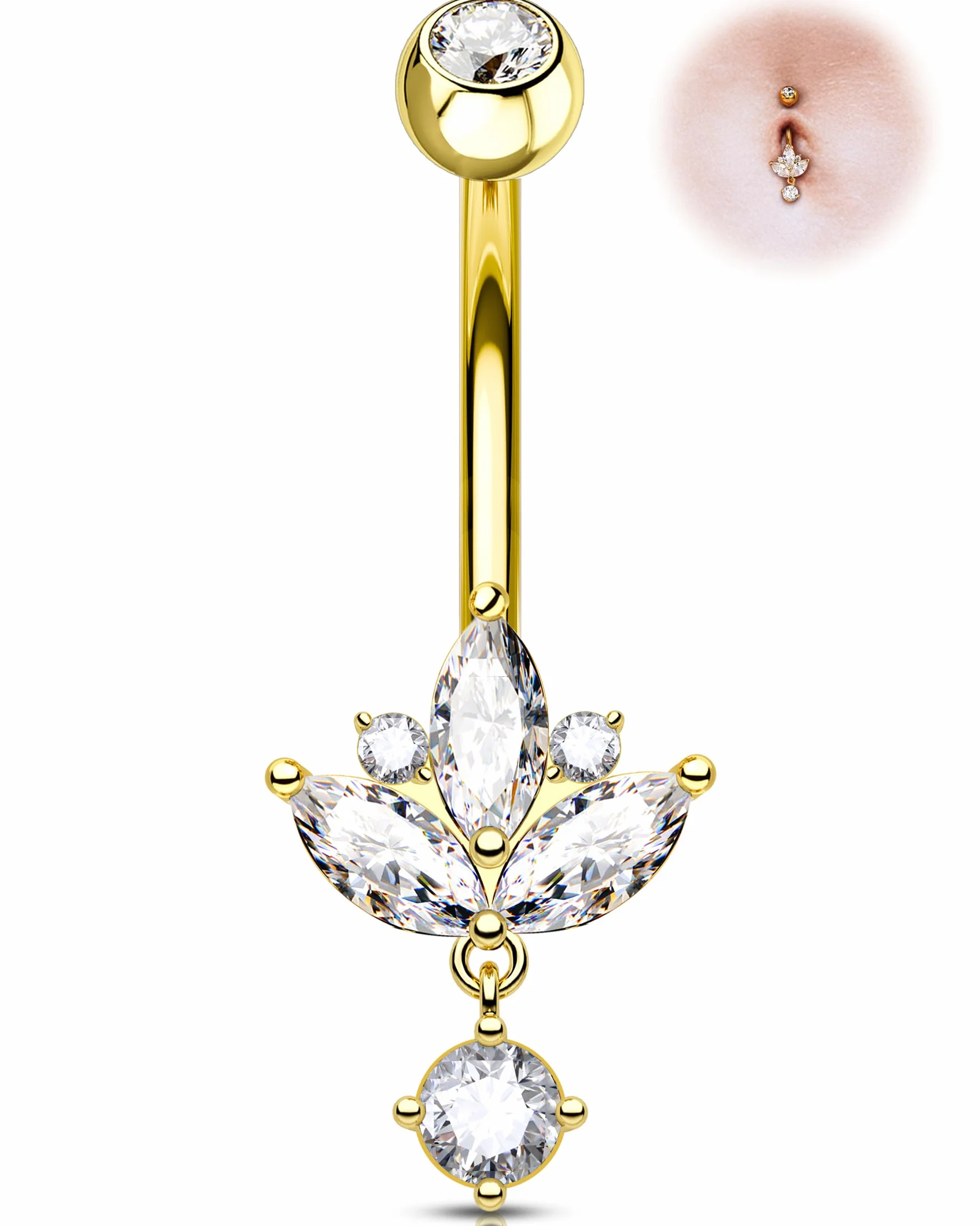 OUFER Lotus Piercing do pępka 14G Dangly srebrny złoty kolczyk do brzucha biżuteria ze stali chirurgicznej CZ Belly Bar 10 mm