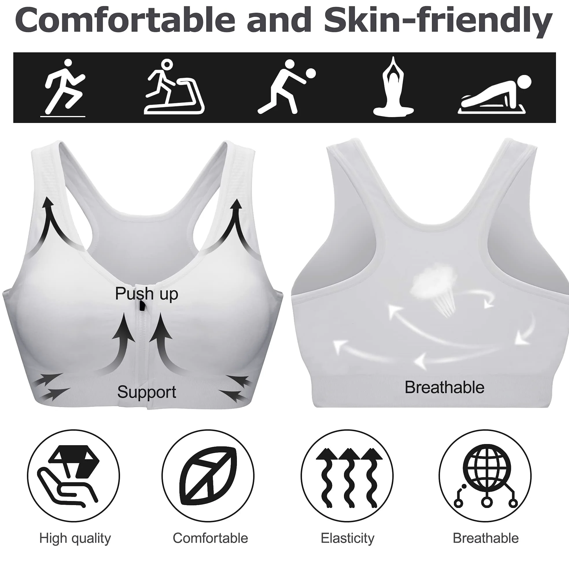 Zoerea Sportowy biustonosz damski Push Up Zip Front Impact Yoga Bra