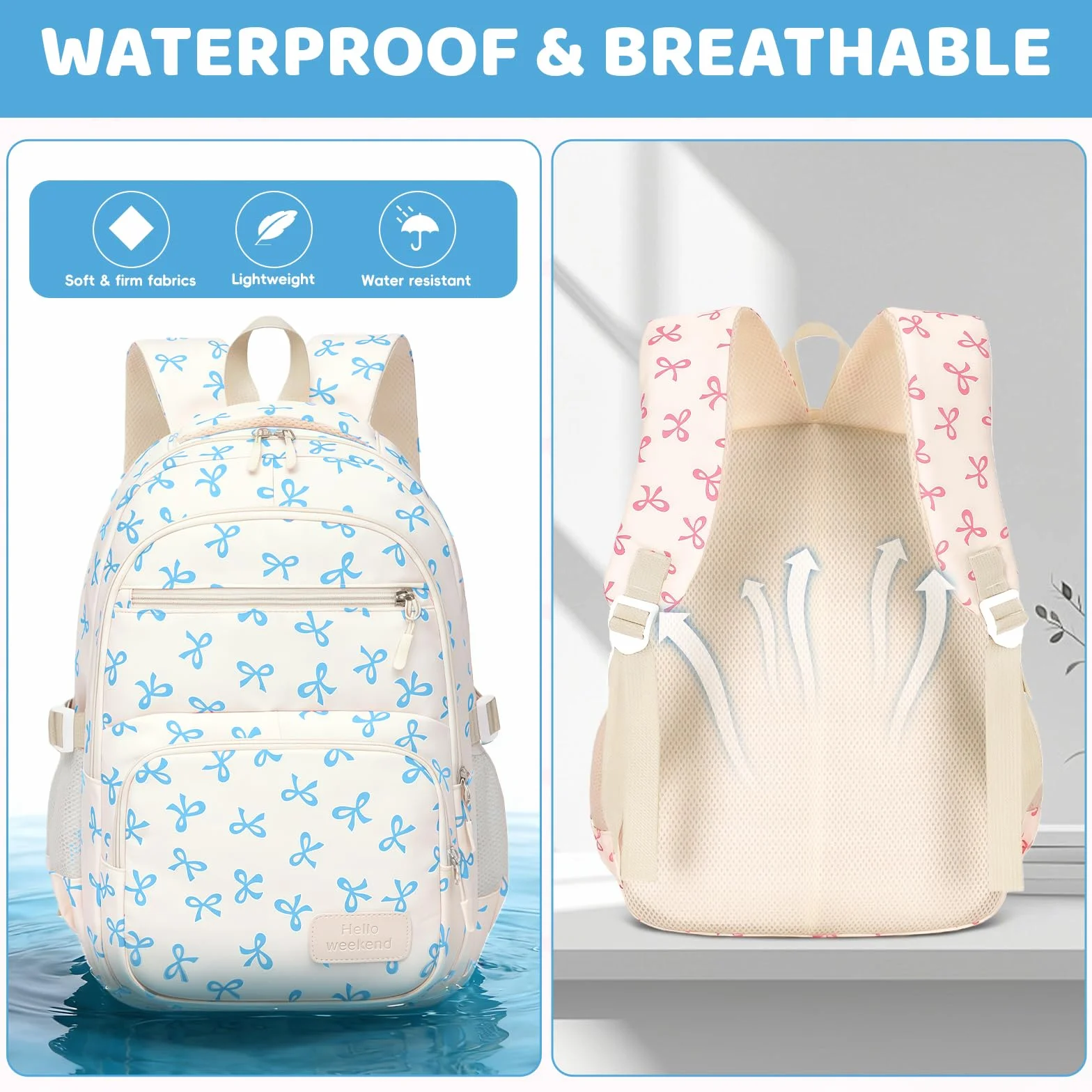 Aucuu Zestaw plecaków szkolnych niebiesko-biała kokarda