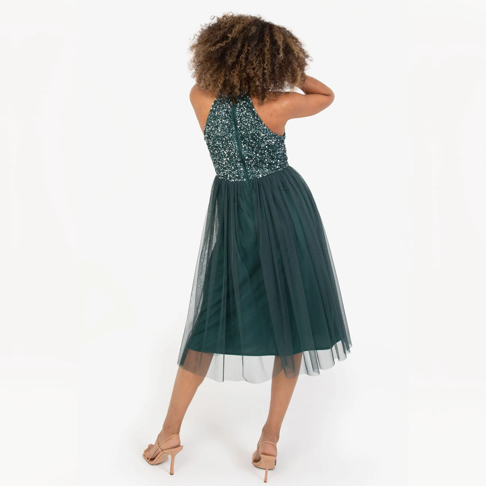 Maya Deluxe Damska sukienka midi z wiązaniem na szyi, tiulowa, na wieczór, ukończenie szkoły, studniówkę, wesele, dla druhny, suknia balowa, zieony (Szmaragdowa zieleń), 40