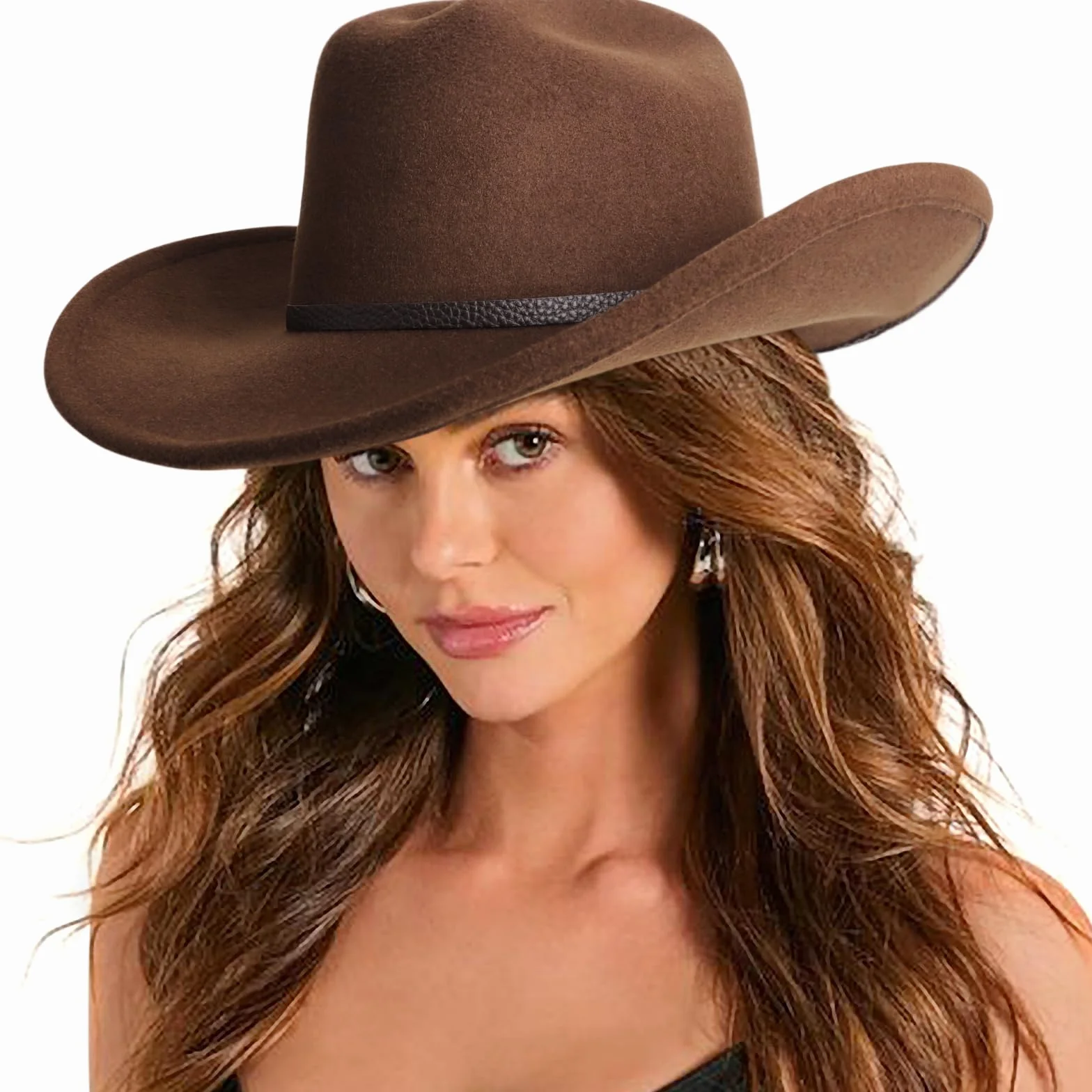DRESHOW Kapelusz Kowbojski dla Kobiet Kapelusze Filcowe Cattleman Western Retro Fedora Outdoorowy Kapelusz Kowbojski z Kształtowalnym Szerokim Rondem Filcem i Paskiem z Klamrą