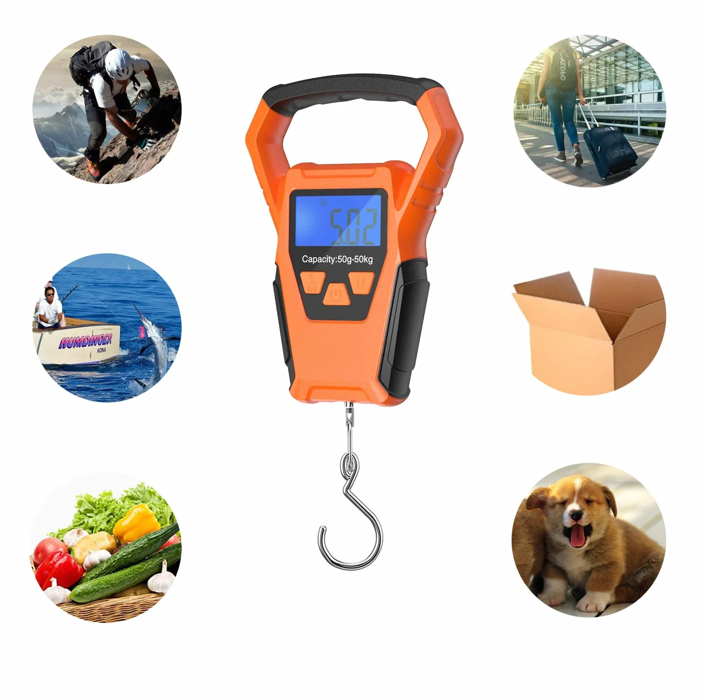 Cyfrowa waga wędkarska, waga bagażowa, waga wisząca, 50 kg, wyświetlacz LCD z podświetleniem, wodoszczelna torba (baterie wchodzą w zakres dostawy)
