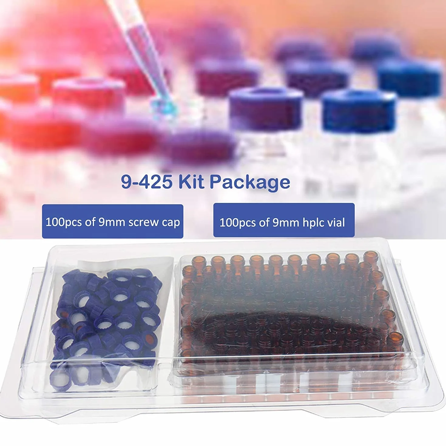 ALWSCI 2 ml HPLC szklane buteleczki, przezroczyste buteleczki laboratoryjne, 9-425 przezroczystych buteleczek, niebieska zakrętka, czerwony PTFE i biały silikon Septa, 100 sztuk