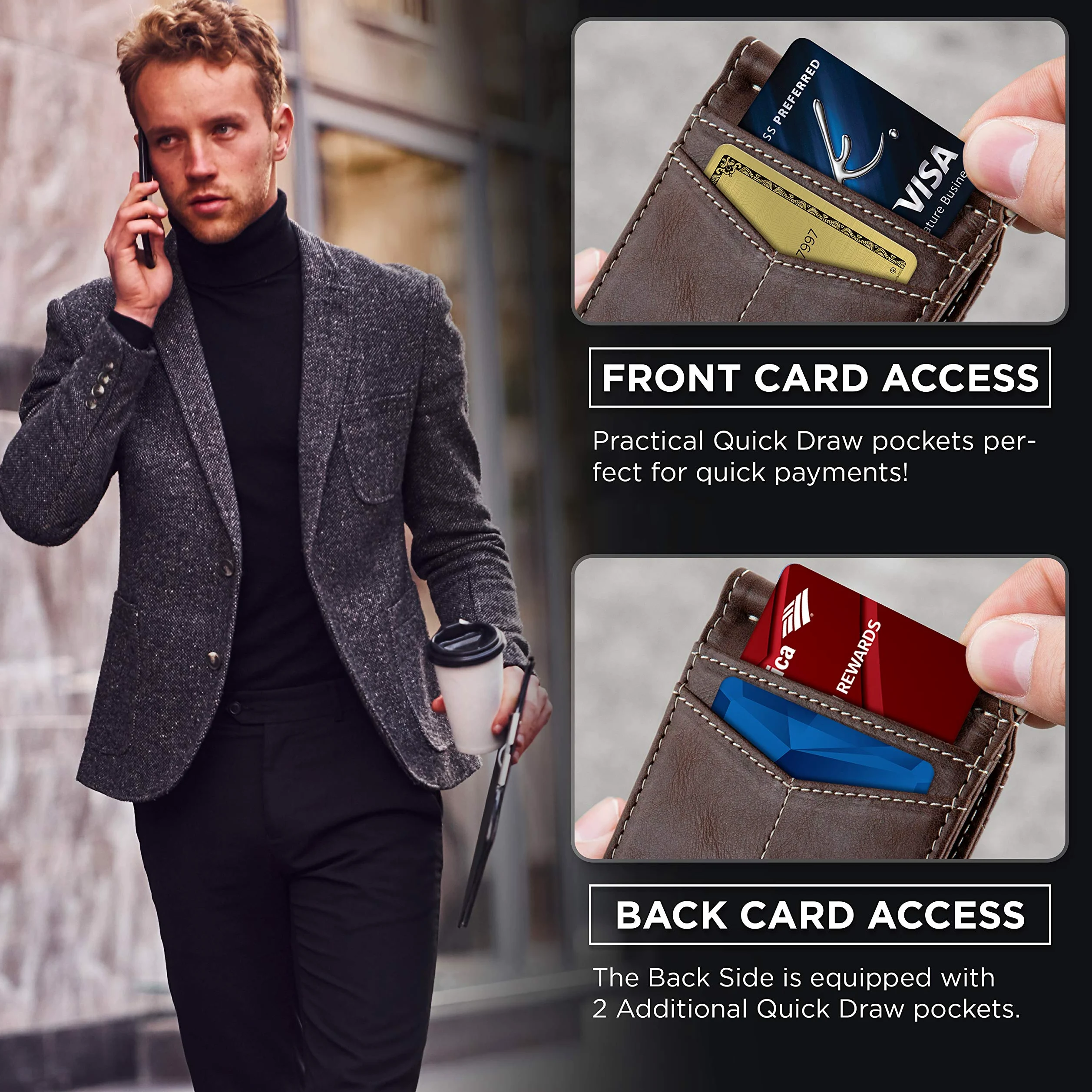 SERMAN BRANDS Portfel blokujący RFID, wąski, podwójnie składany, z prawdziwej skóry, minimalistyczne portfele z przednią kieszenią dla mężczyzn, z klipsem na pieniądze, prezenty, Poranna pieczeń, slim