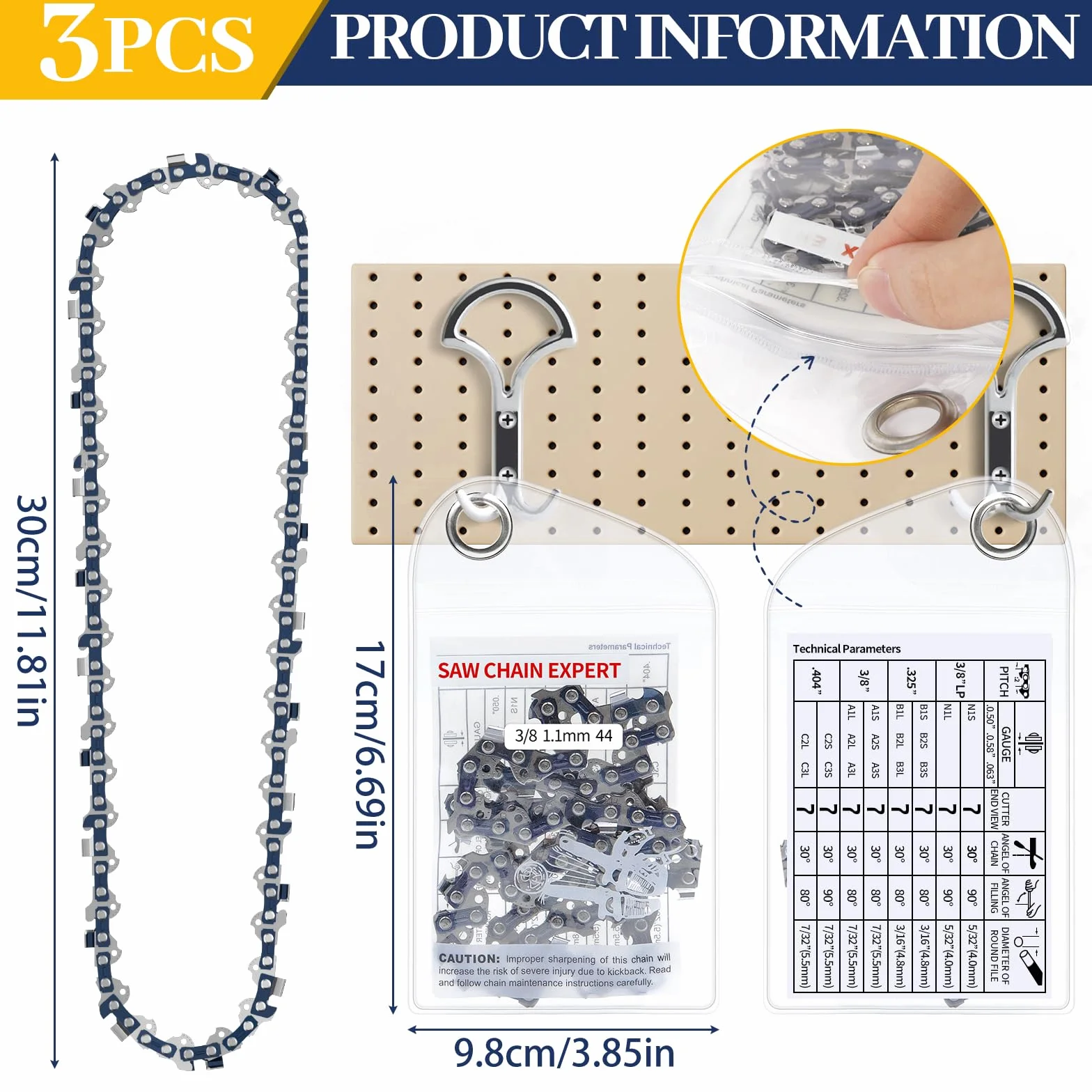 Łańcuch Napędu 3 × 30 cm 3/8 "LP Link 1,1 mm 44TG Niski Odrzut Łańcucha, Zbadane łańcuchy,Odpowiednie Dla Stihl MSE170C MS194T- 36100000044 ITP