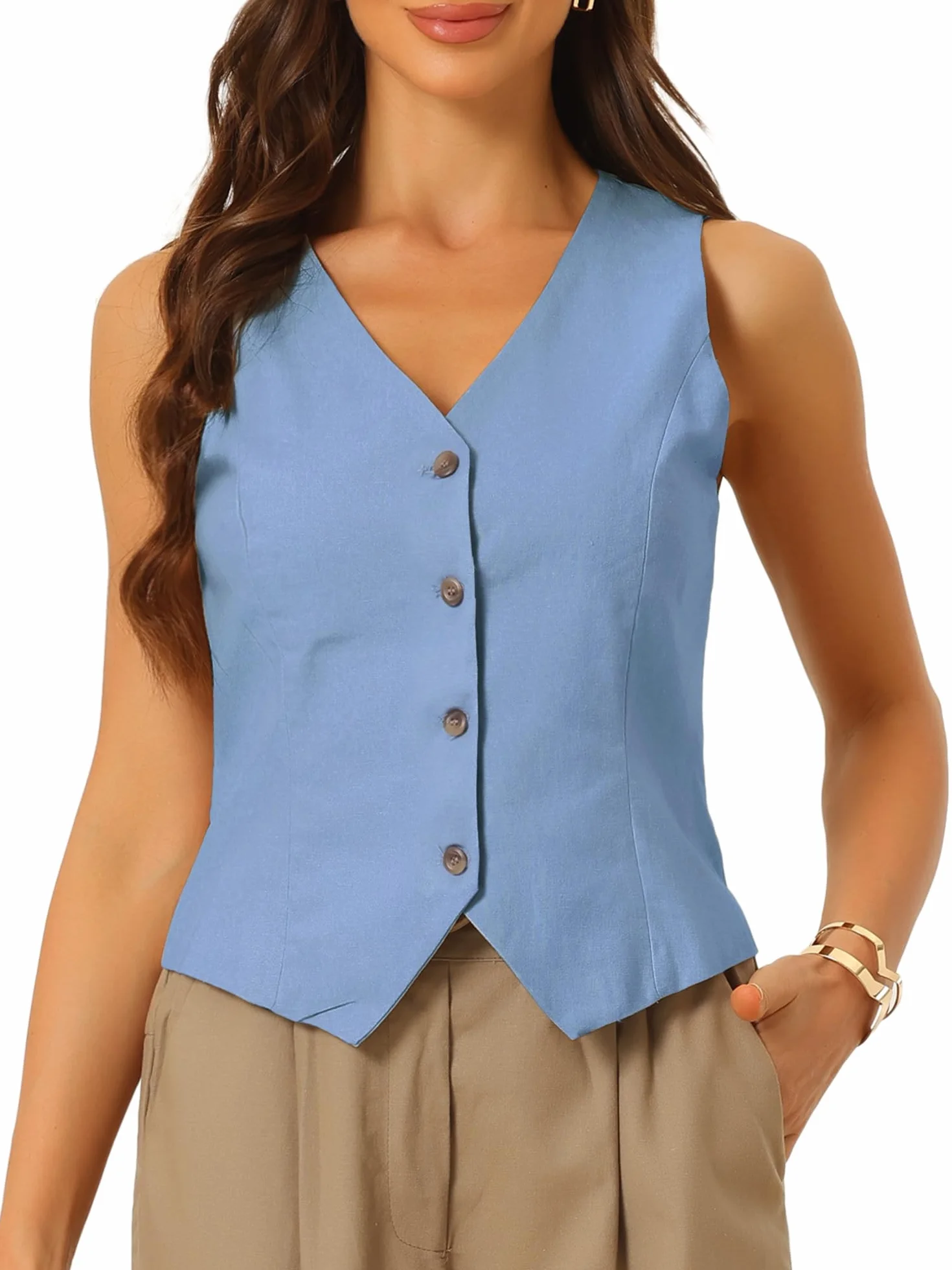 Allegra K Damska Kamizelka Kamizelka Moda Bez Rękawów Guzik Down V-Neck Crop Top Kamizelka Staniczna