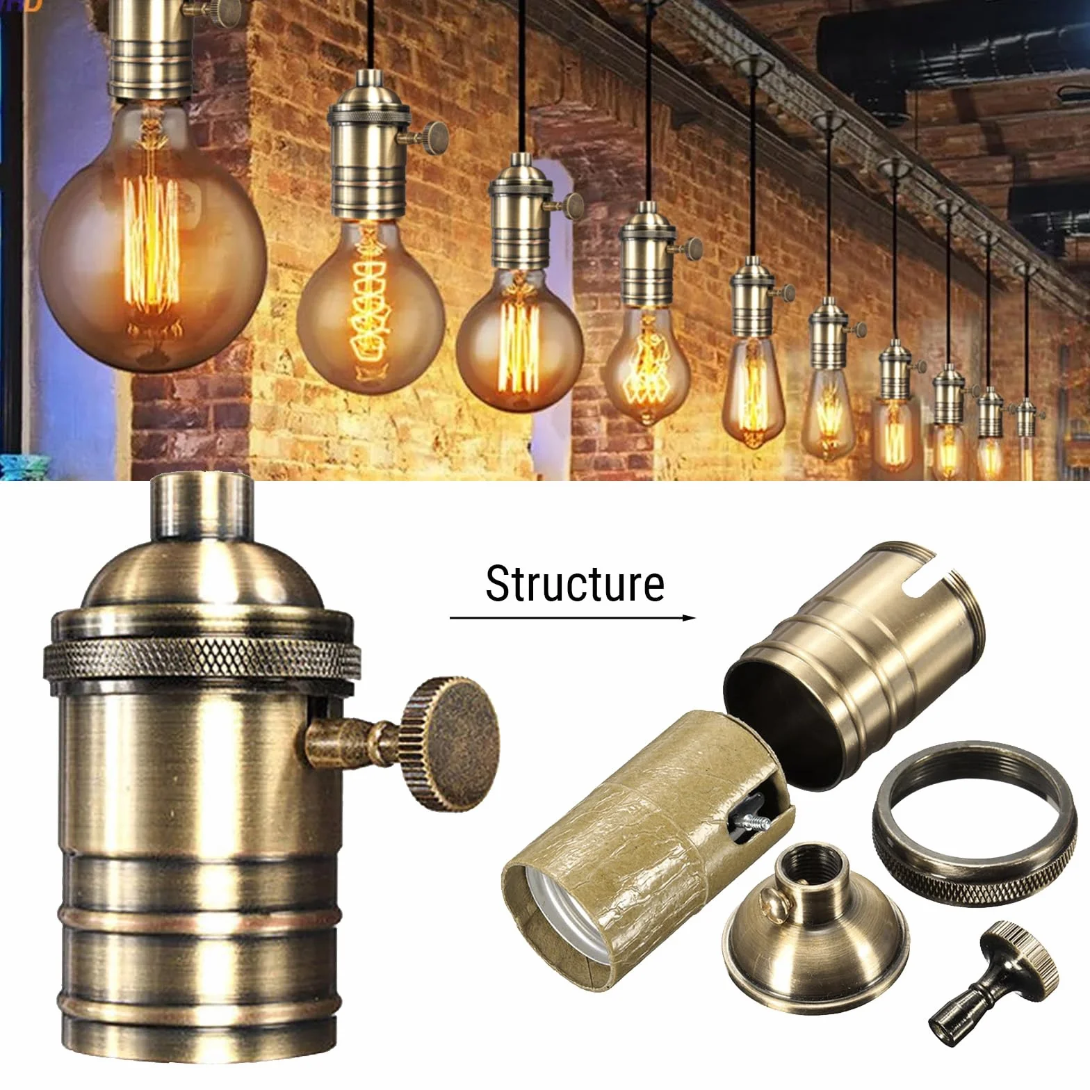 Vintage oprawa lampy retro E26/E27 antyczna lampa wisząca oprawa mosiężna przełącznik