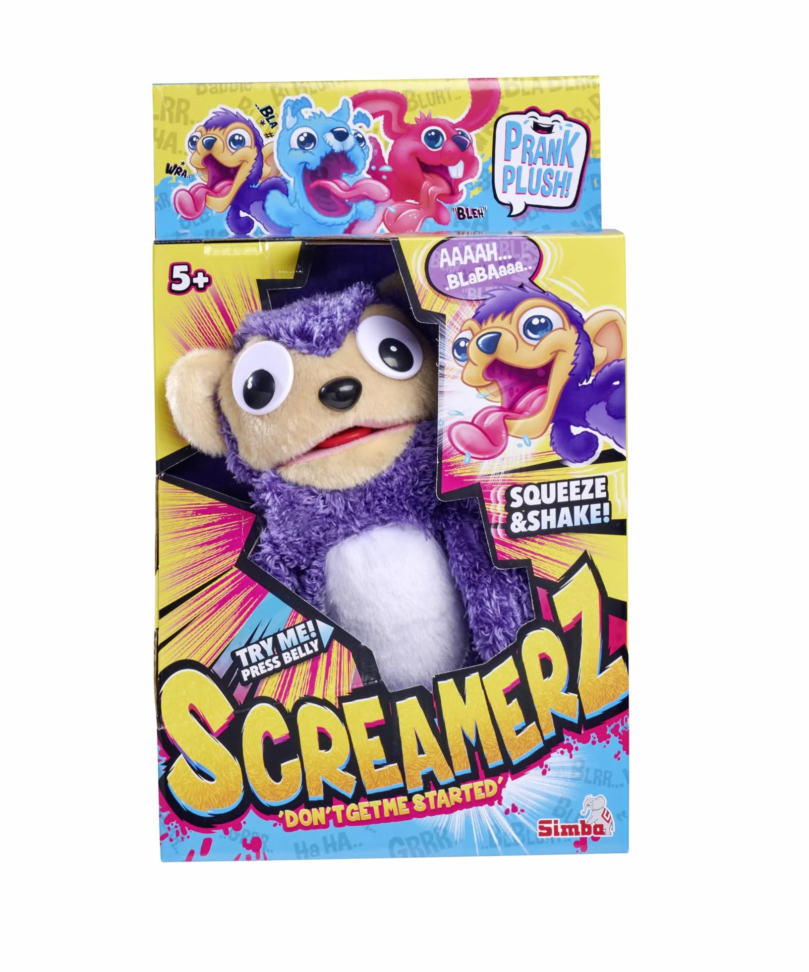 Simba 105953333 ScreamerZ Małpka „Monkey Madness" pluszowa figurka do robienia żartów, Happy Prank, interaktywna małpa, wielkość 30 cm, dostępny także Misiek i Królik, Fioletowy