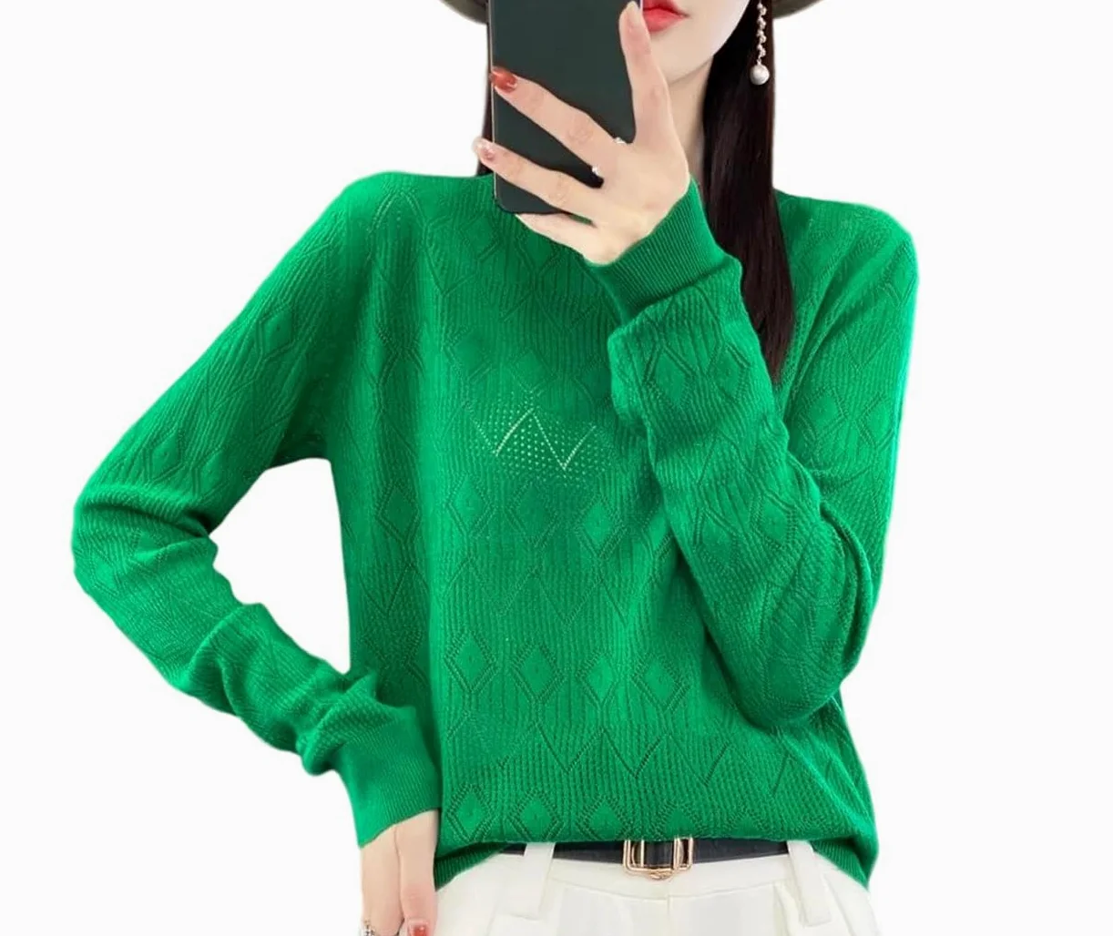 Sweter Damski Z Mieszanki Wełny, Z Okrągłym Dekoltem, Z Geometrycznym Wzorem, Miękki, Swobodny, Luźny, Z Długim Rękawem, Wiosenny-En8-Medium