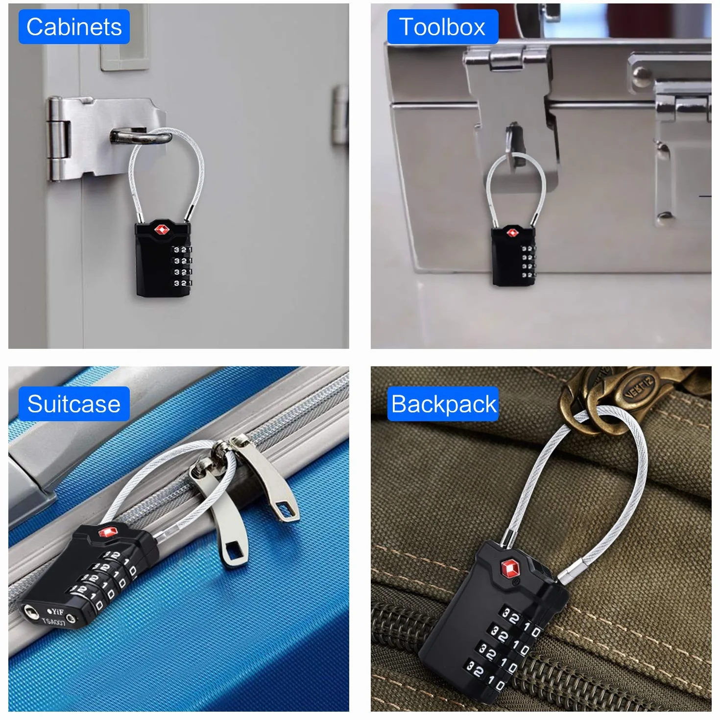 TSA Zamki do Bagażu 4 Cyfrowy Zamek Bezpieczeństwa Elastyczny Kabel 14cm Czarny Srebrny