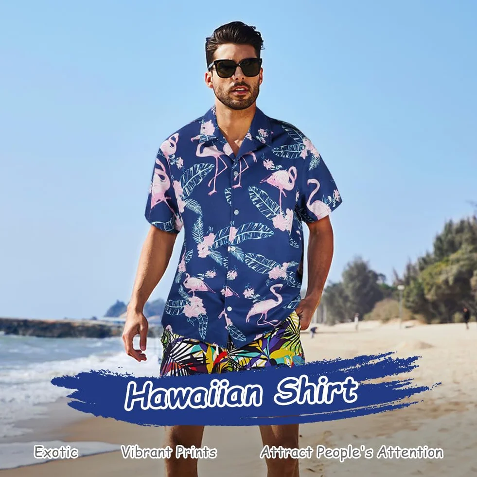 Aomig Funky męska koszula hawajska, 2 szt. zestaw hawajski męski z krótkim rękawem i szortami, casualowa koszulka Aloha z nadrukiem flamingów, hawajskie tropikalne letnie wakacje na plaży koszulki