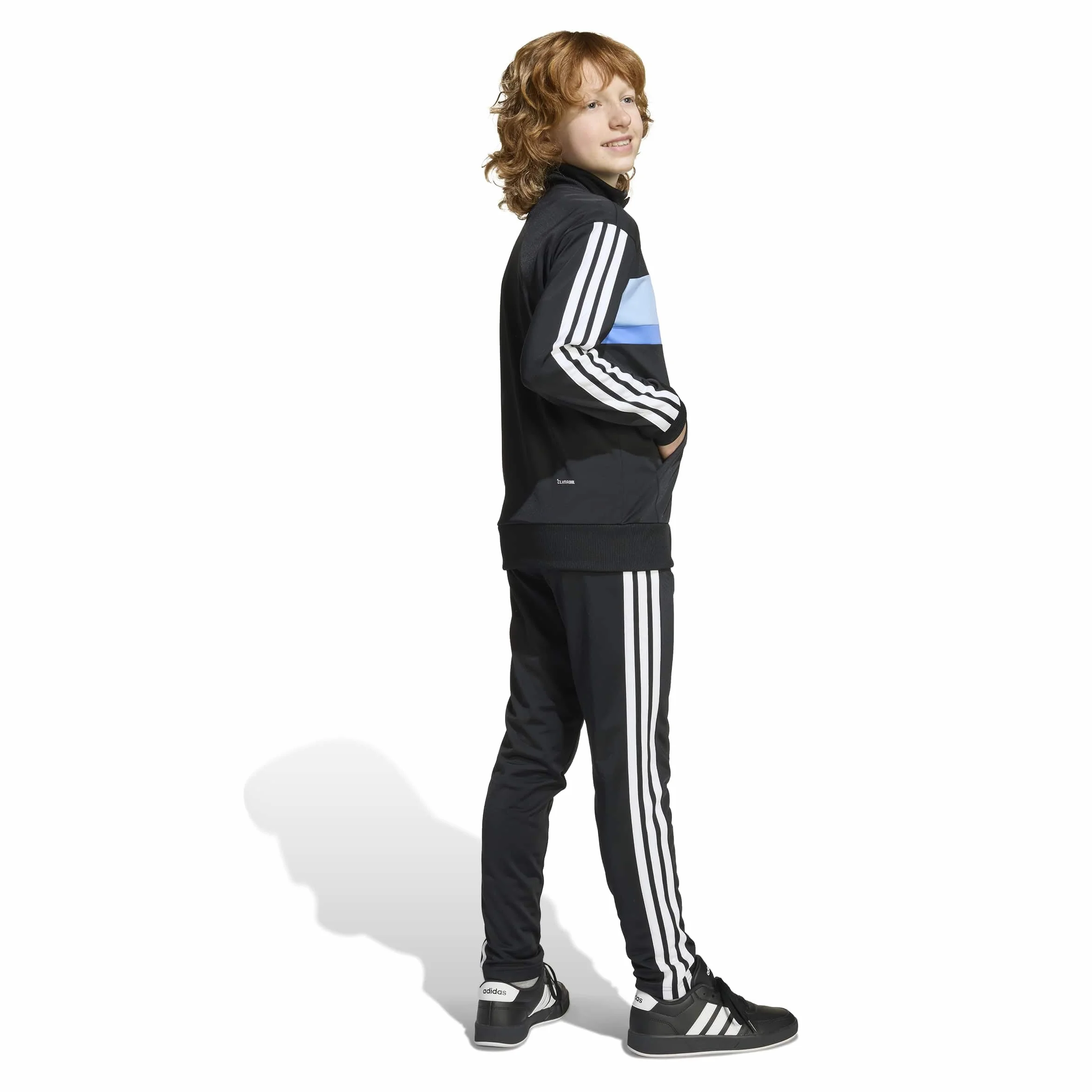 adidas Uniseks - dzieci SEASONAL ESSENTIALS TIBERIO 3 STRIPES TRICOT TRACKSUIT, black/glow blue/blue fusion/white, 9-10 Years