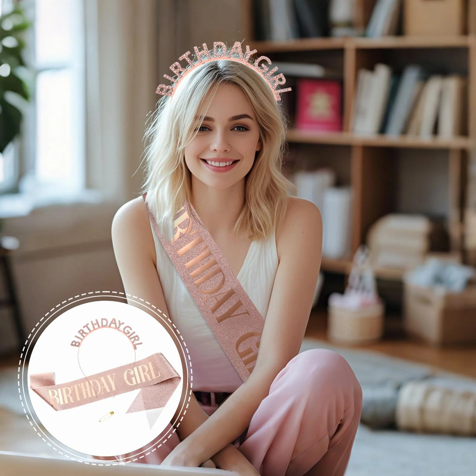 Korona urodzinowa dla dziewcząt, szarfa błyszcząca szarfa urodzinowa "birthday girl", szarfa dla dziewcząt, dla kobiet, na uroczystości, imprezę, bal absolwentów, dekoracja Happy Birthday, na