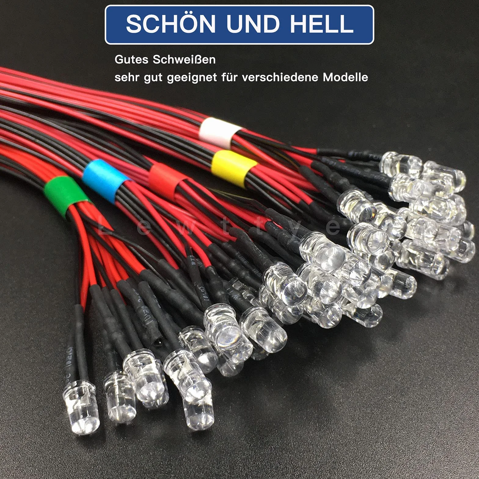 50 sztuk wstępnie okablowanych mini diod LED 5 mm DC 12 V, zestaw diod LED, oświetlenie modelarskie, wielokolorowe, białe, czerwone, niebieskie, zielone, żółte Lewttyer
