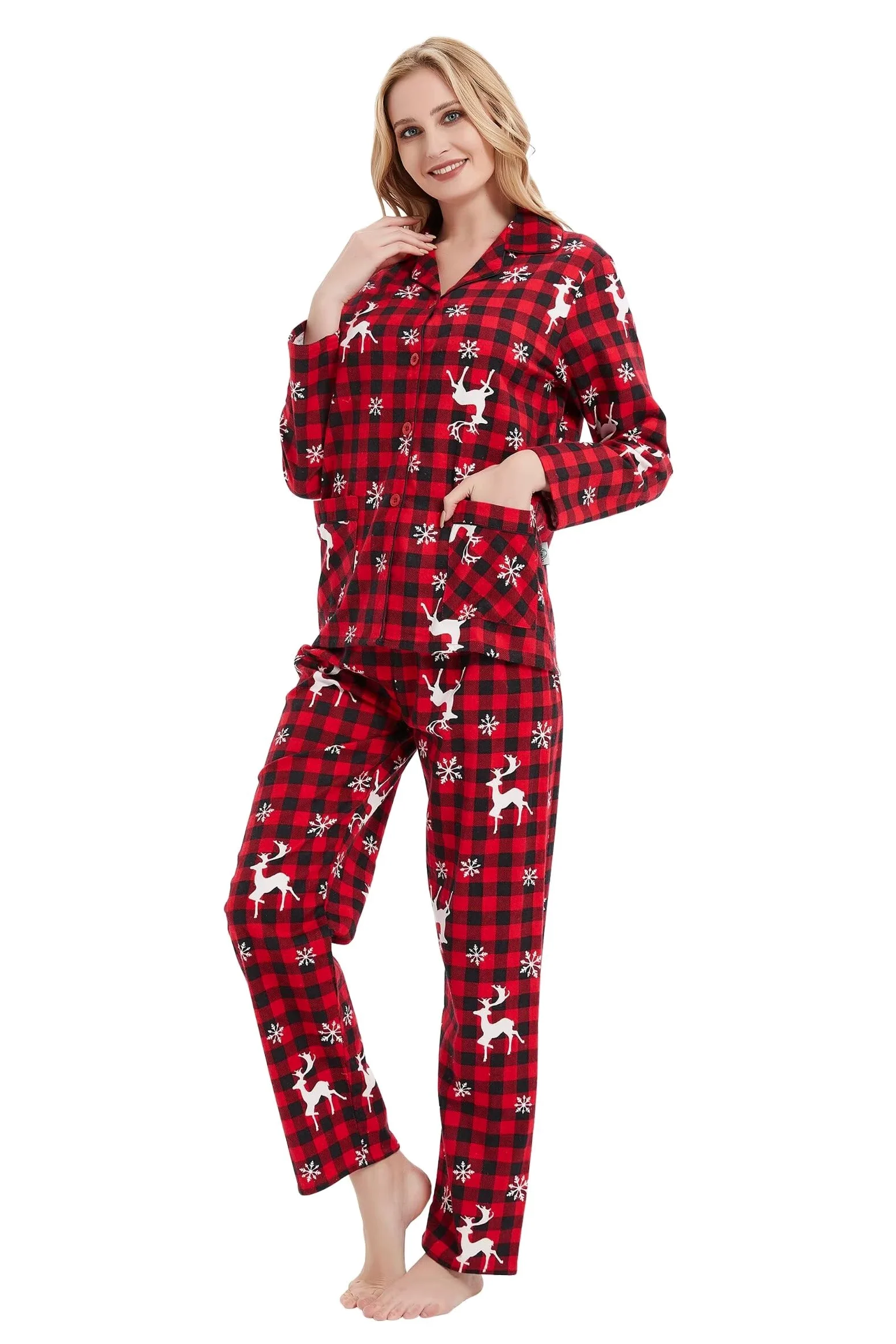 GLOBAL Schlafanzüge Damen Flanell | Baumwolle Damen Pajama Set | Zweiteiliger Nachtwäsche Damen Pjs Set Lang | Knopfleiste vorne und Kordelzug
