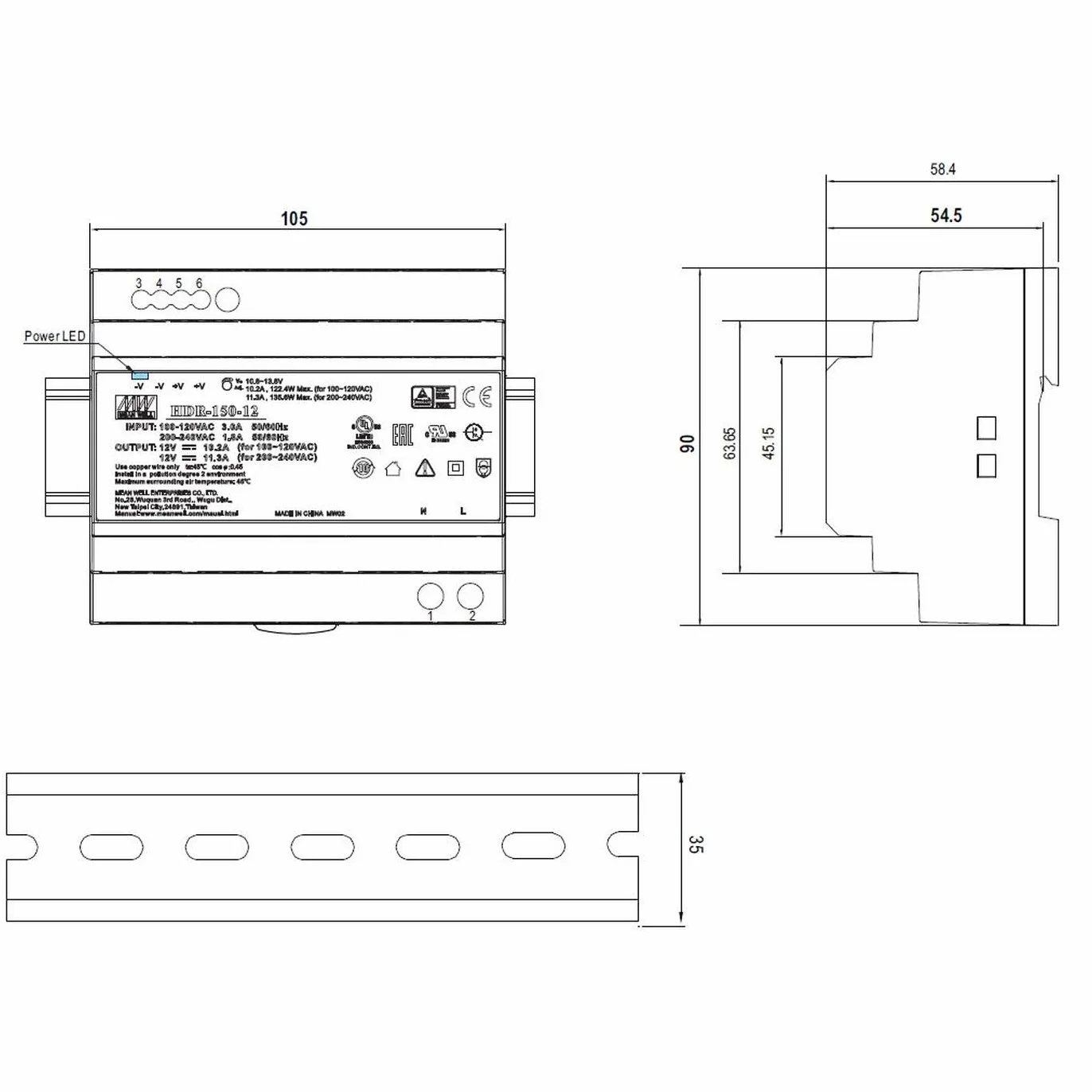 MeanWell HDR-150-24, 150 W, 24 V, 6,25 A zasilacz na szynę DIN-Rail
