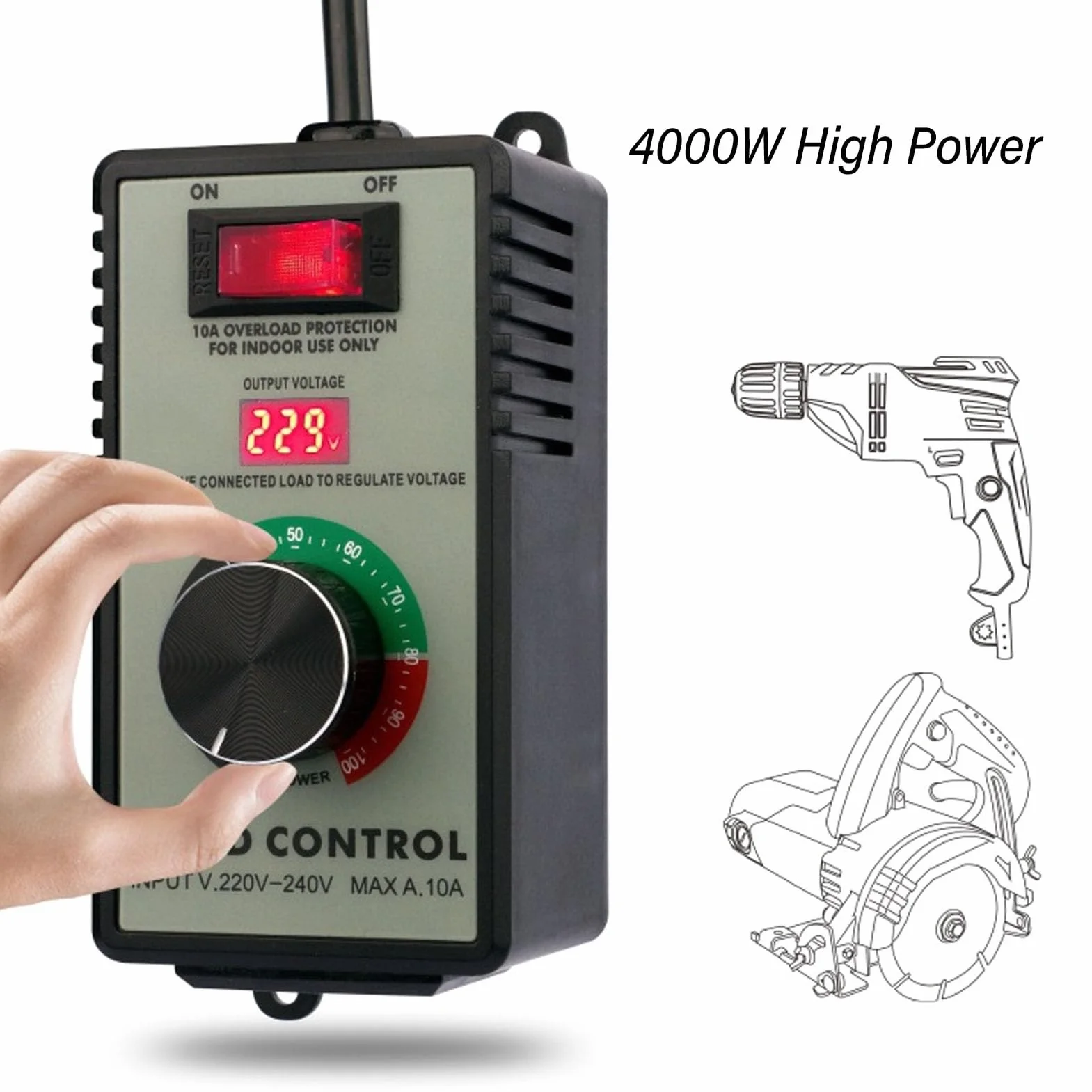 Regulator Prędkości Silnika AC 4000 W Materiał ABS Elektroniczny Regulator Napięcia 220-240 V do 0-220 V 10 A Reostat Regulator Zmiennej Prędkości Bezstopniowa Regulacja Prędkości