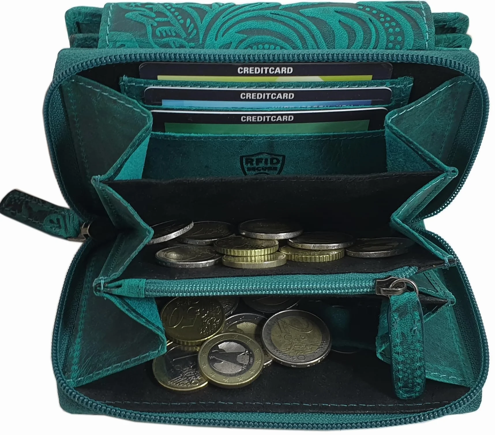 myledershop Bawola skóra damska portmonetka portmonetka / portmonetka z ryglem zewnętrznym z wytłoczeniem liany i ochroną RFID i NFC, Petrol, Einheitsgröße, Nowoczesny