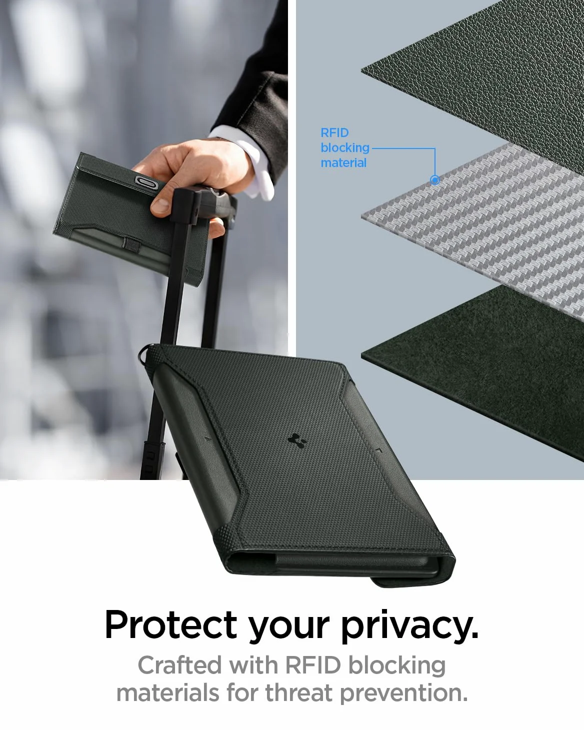 Spigen Etui na paszport z blokadą RFID i pinem na kartę SIM, etui na paszport ze sztucznej skóry - zieleń wojskowa