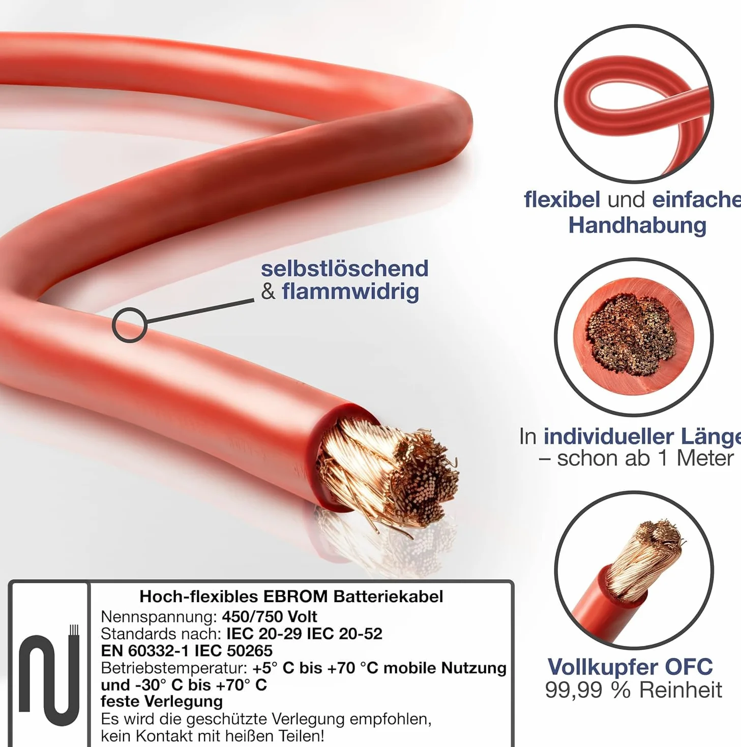 EBROM Kabel do akumulatora, bardzo elastyczny (Hi Flex), sprzedawany na metry, bardzo giętki, płaszcz z PCW (70 ± 5 Shore), 99,9% miedzi OFC, kabel rozruchowy, do ładowania itp., czerwony, 50 mm²