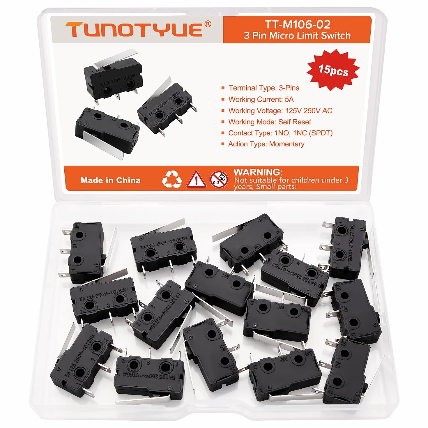 15 Sztuk Mini Mikrowyłącznik Krańcowy z Prostą Dźwignią Długie Ramię 16mm, 5A 125 250V AC SPDT 1NO 1NC Mikroprzełączniki Migowe, do Urządzeń Elektronicznych